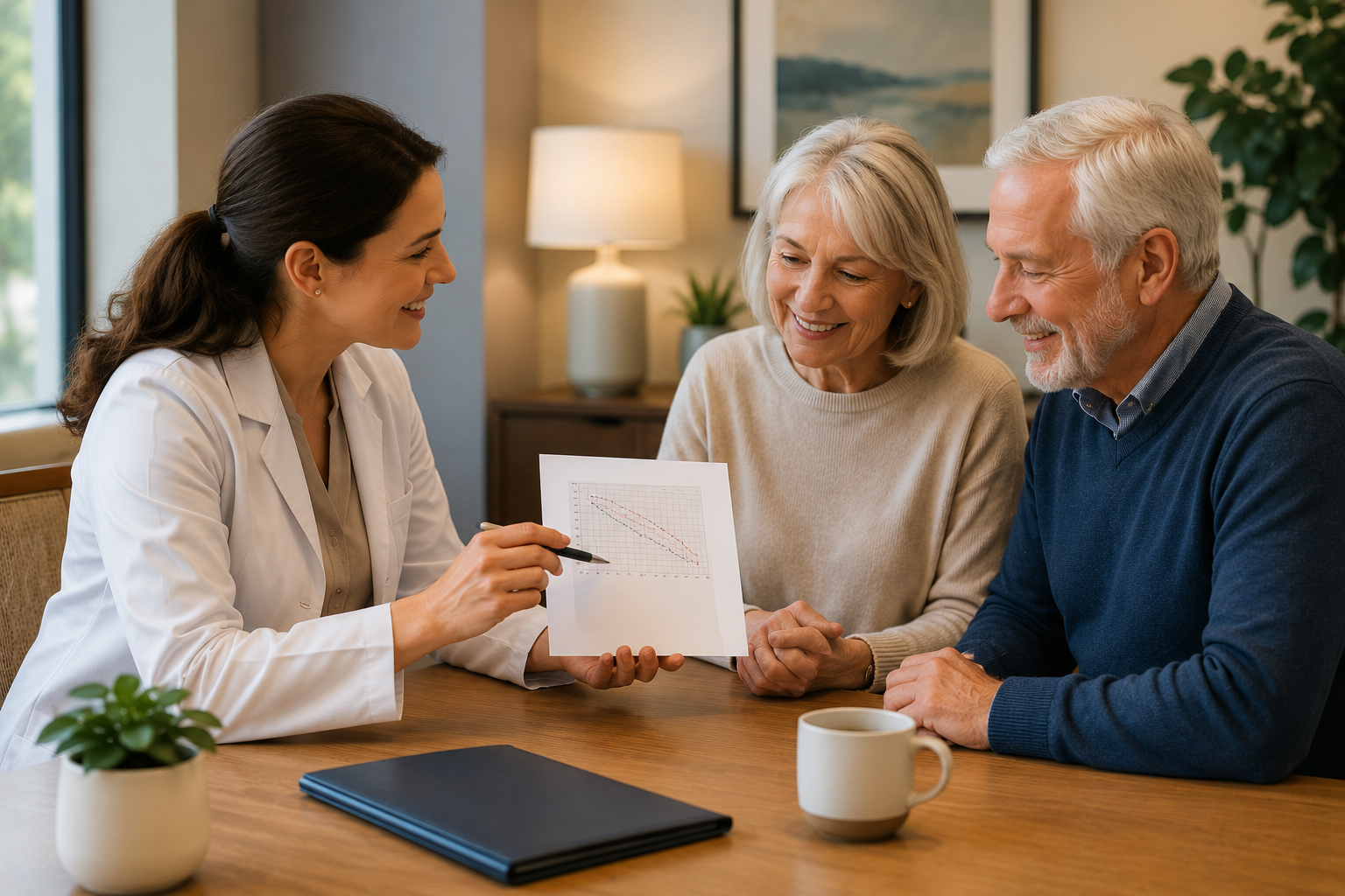 A female doctor points at a chart with a pen while discussing with a smiling elderly couple at a desk in a cozy, well-lit room.