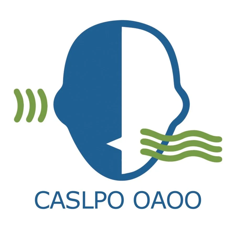 A stylized illustration of a human head in profile with lines indicating sound waves entering the ear and air or breath flowing out of the mouth, accompanied by the text 'CASLPO OAO' beneath.