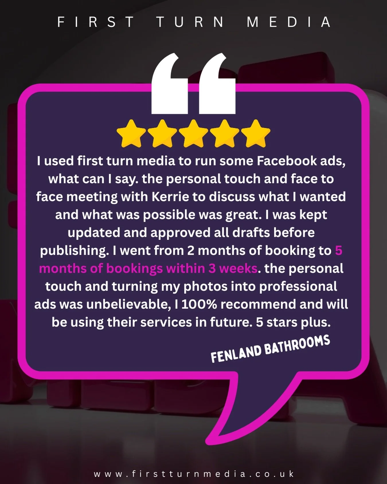 This review landed yesterday from Fenland Bathrooms after we ran a Facebook ads campaign together.

We sat down face to face, talked through what was actually possible (and what wasn&rsquo;t), used the photos they already had, and built ads that felt