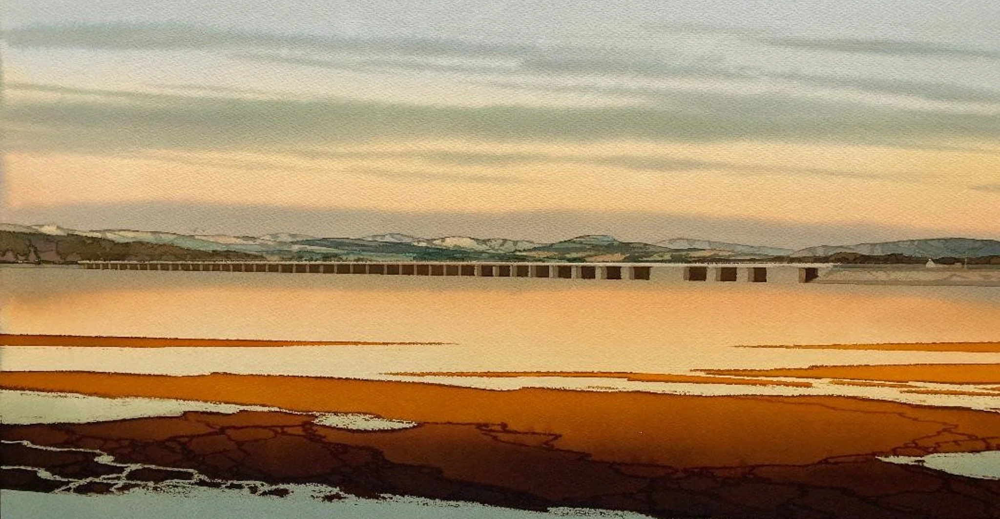 Janet Kenyon 'Evening Sun, Arnside Viaduct',  original watercolour, 64 x 100cm, £1350