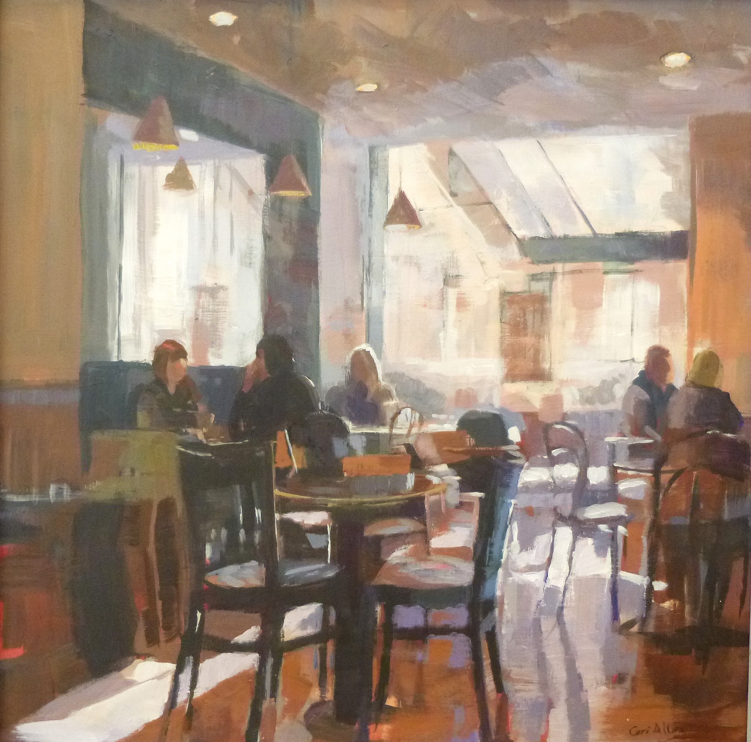 [SOLD] Ceri Allen 'Cafe Interior', acrylic on board, 56 x 56cm, £1200