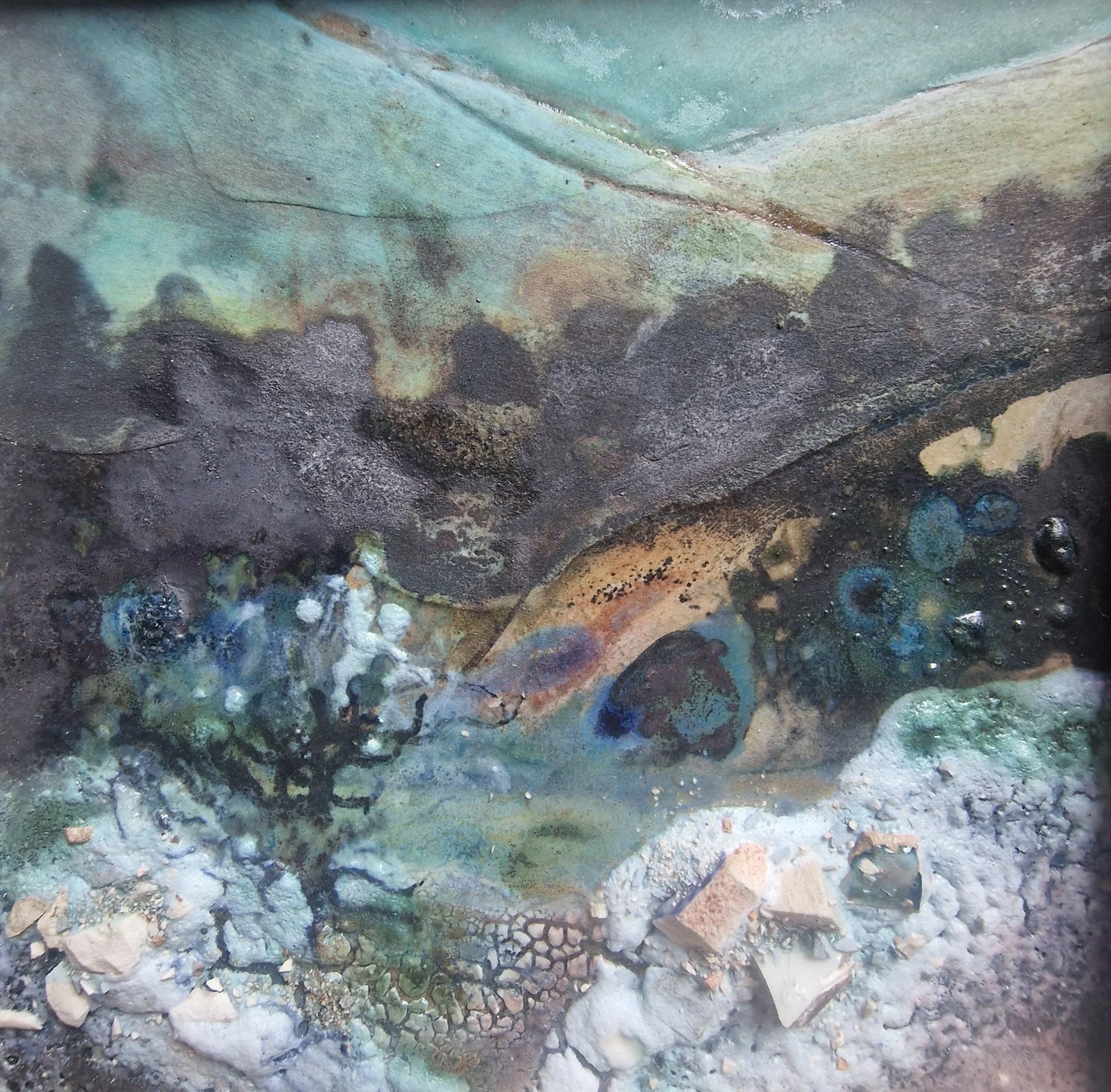 Sally Toms 'hawthorn on the quarry top', multifired ceramic glaze painting, 24 x 24cm, £240