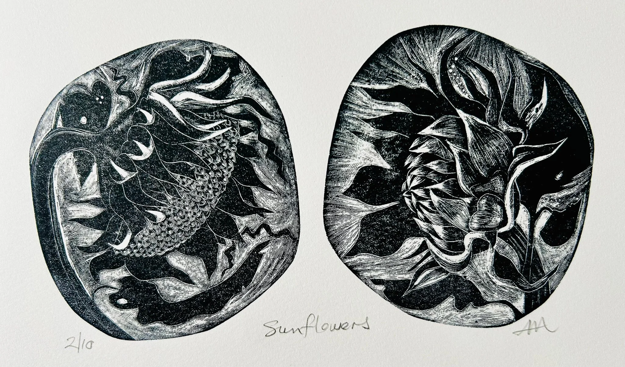 Angie Mitchell 'Sunflowers', wood engraving, £175