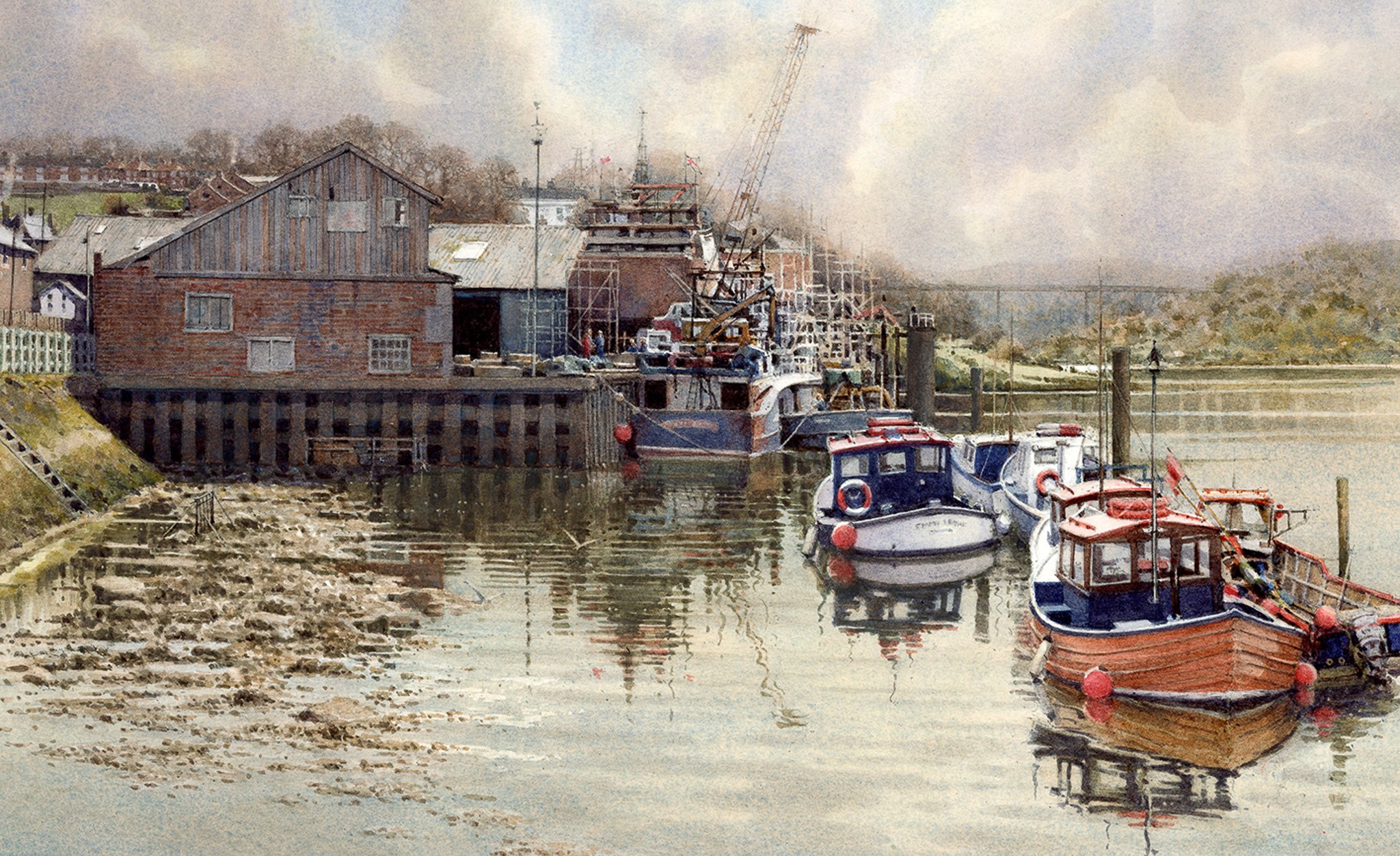 P L Hobbs 'Whitby Boatyard', Watercolour, 27 x 43.5cm, £3500