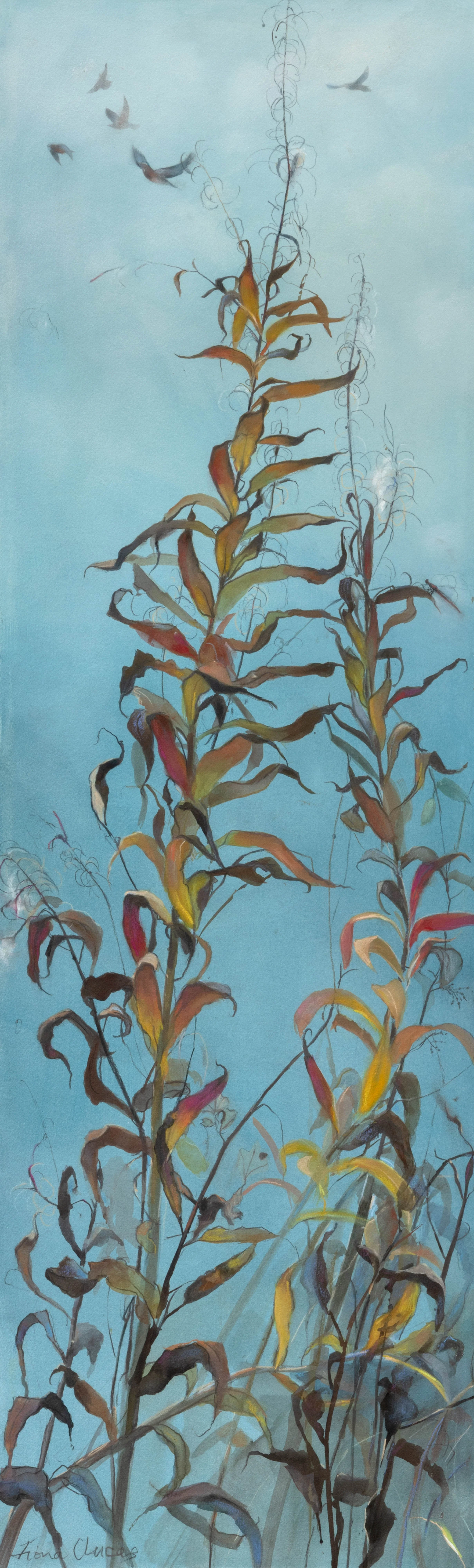 Fiona Clucas 'The Arrival of Wintering Thrushes', mixed media gouache, 141 x 46cm, £2800