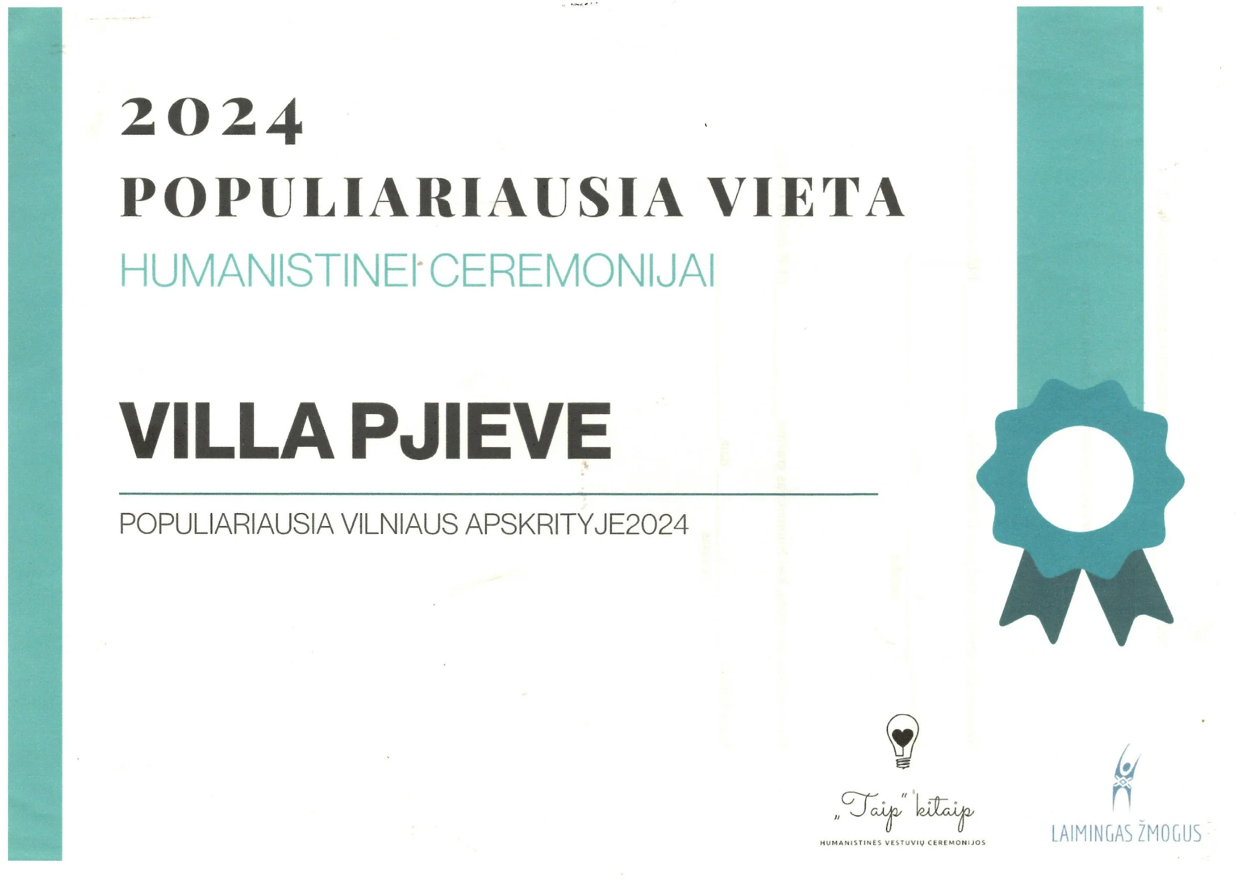 Certificate of appreciation awarded to Villa Pjieve for 2024 Vilnius urban paper ceremony, featuring a blue ribbon and logo, in Lithuanian.