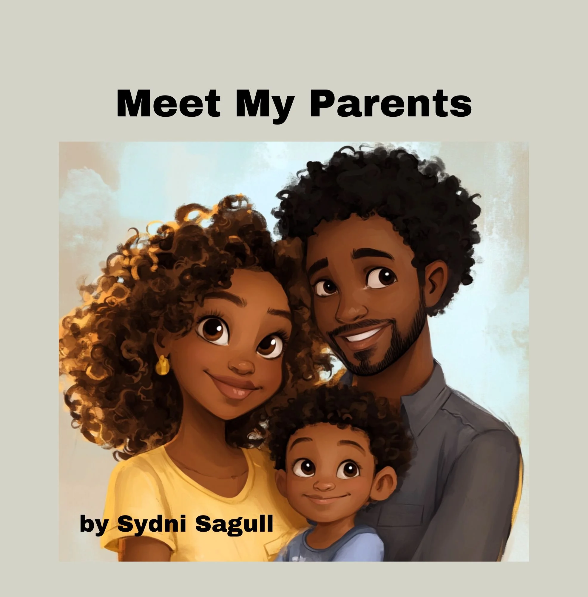 Illustration of a happy family with a mother, father, and two children with curly hair, smiling and posing together.