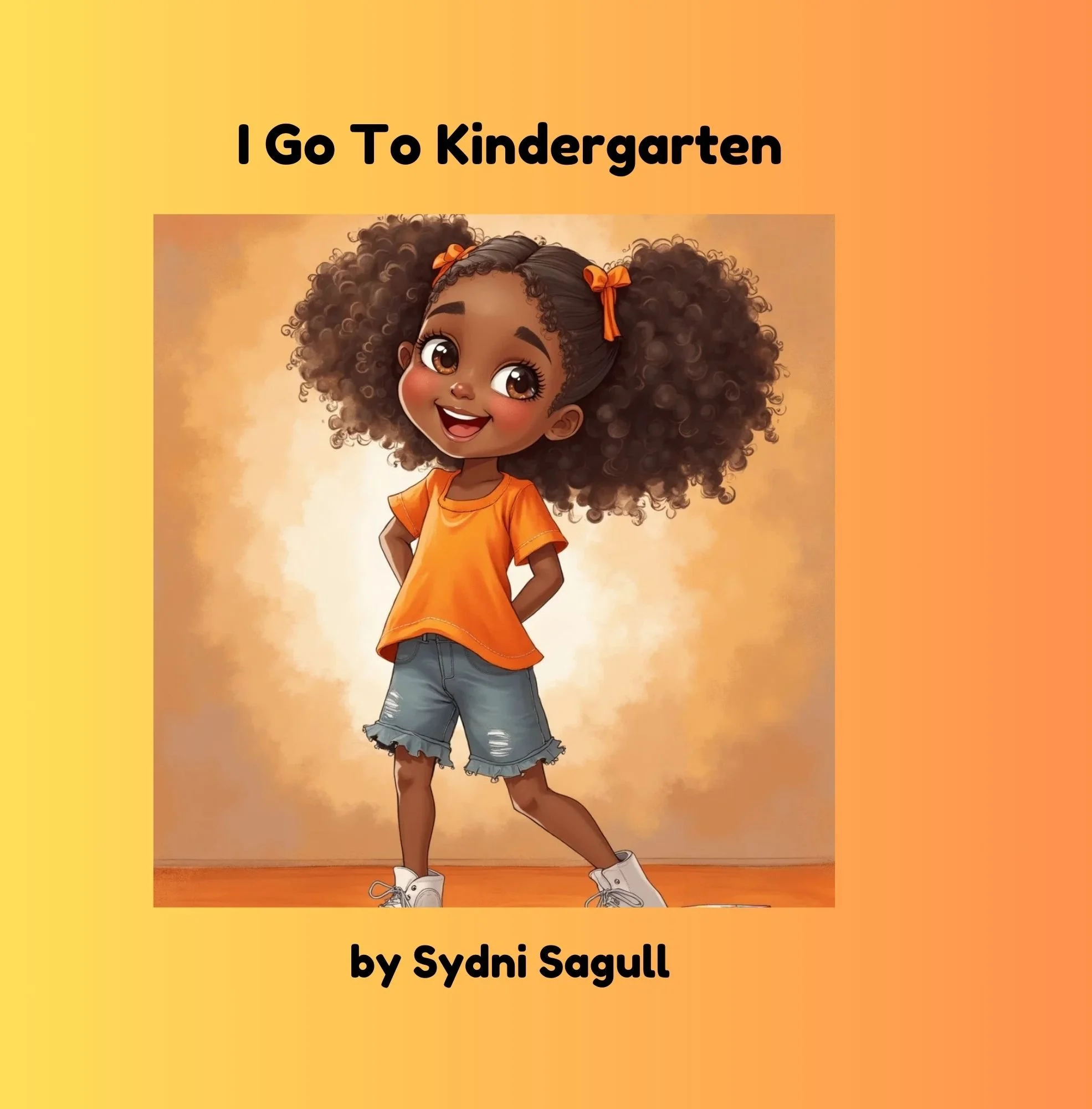Book cover titled 'I Go To Kindergarten' featuring an illustrated young girl with large curly hair in pigtails with orange bows, wearing an orange shirt and ripped denim shorts, standing confidently against a warm yellow and orange gradient background.