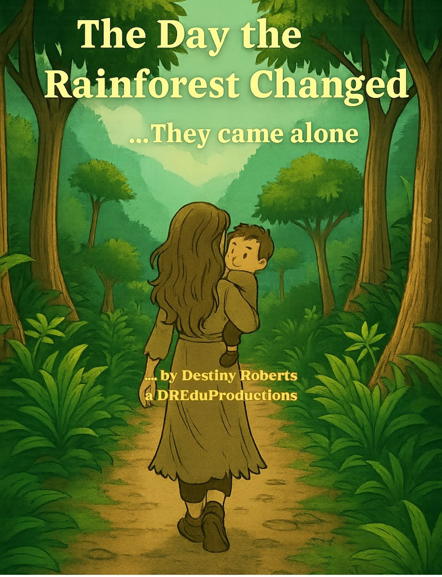 Book cover titled 'The Day the Rainforest Changed...They came alone' by Destiny Roberts, showcasing an illustration of a woman carrying a small child walking through a lush, green rainforest with tall trees and dense foliage.