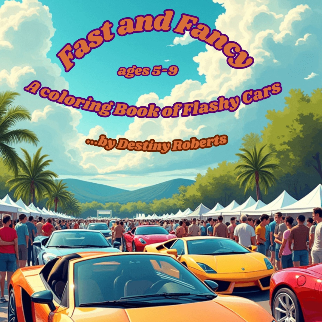 Colorful outdoor scene with sports cars and a crowd of people at a car show, set against a background of green trees, mountains, and a partly cloudy sky, promoting a children's coloring book titled 'Fast and Fancy' for ages 5-9 by Destiny Roberts.