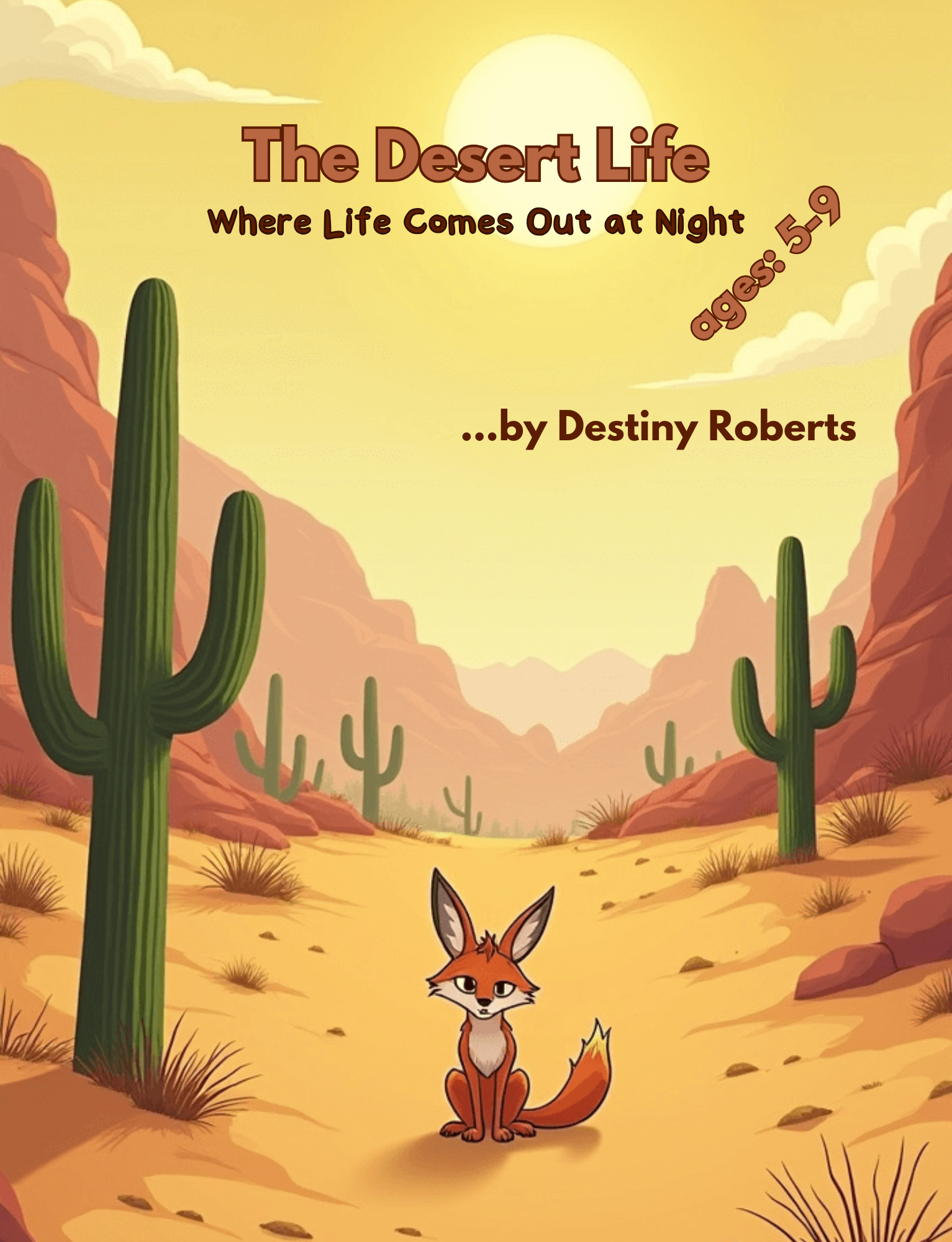 Cover of a children's book titled 'The Desert Life: Where Life Comes Out at Night' by Destiny Roberts, featuring a desert landscape with cacti, mountains, and a cartoon fox in the foreground.