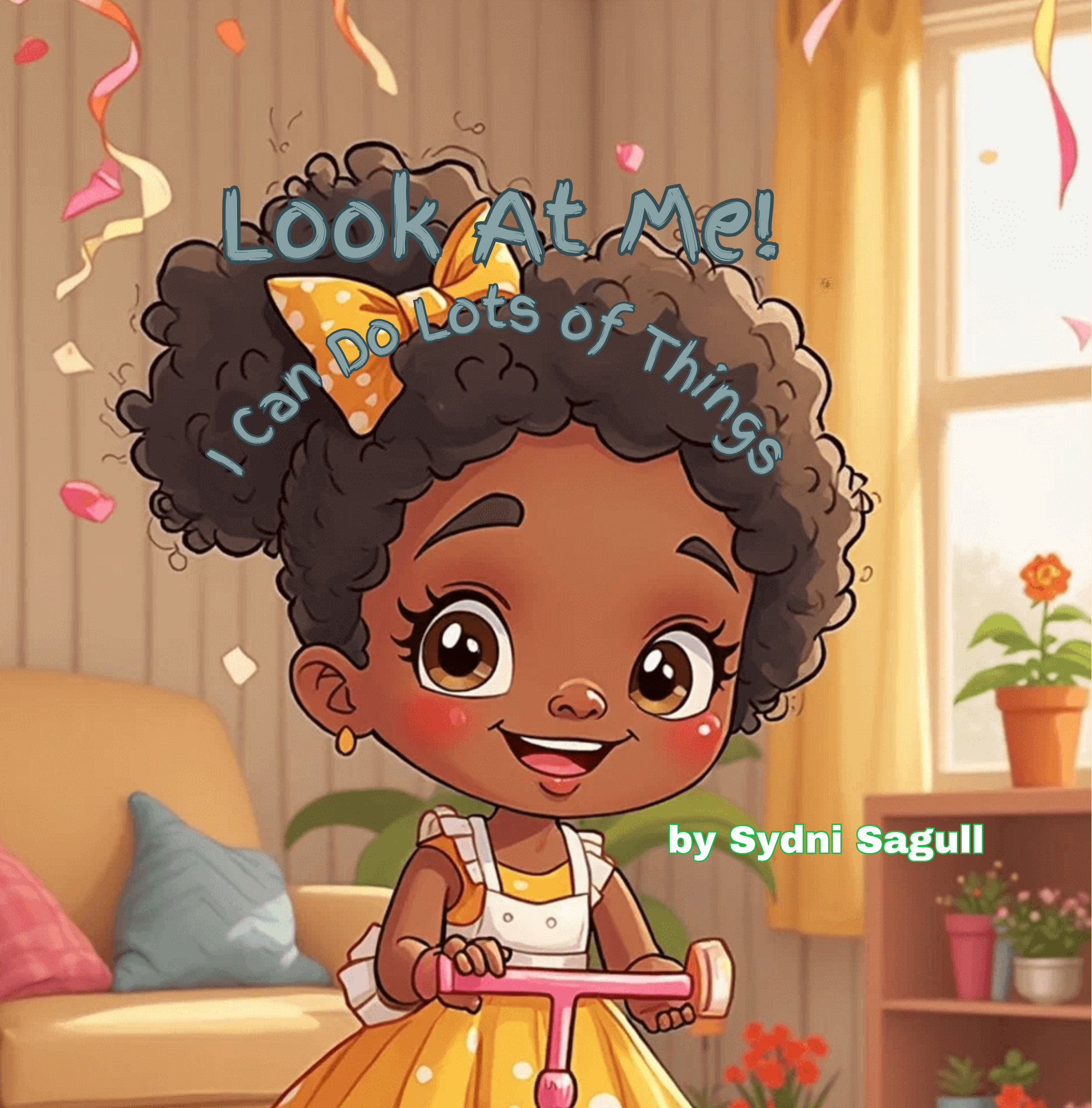 Young girl with curly hair, wearing a yellow dress with white polka dots, smiling while holding a pink scooter, in a cozy room decorated with plants and colorful cushions, with a window and flowerpot in the background.