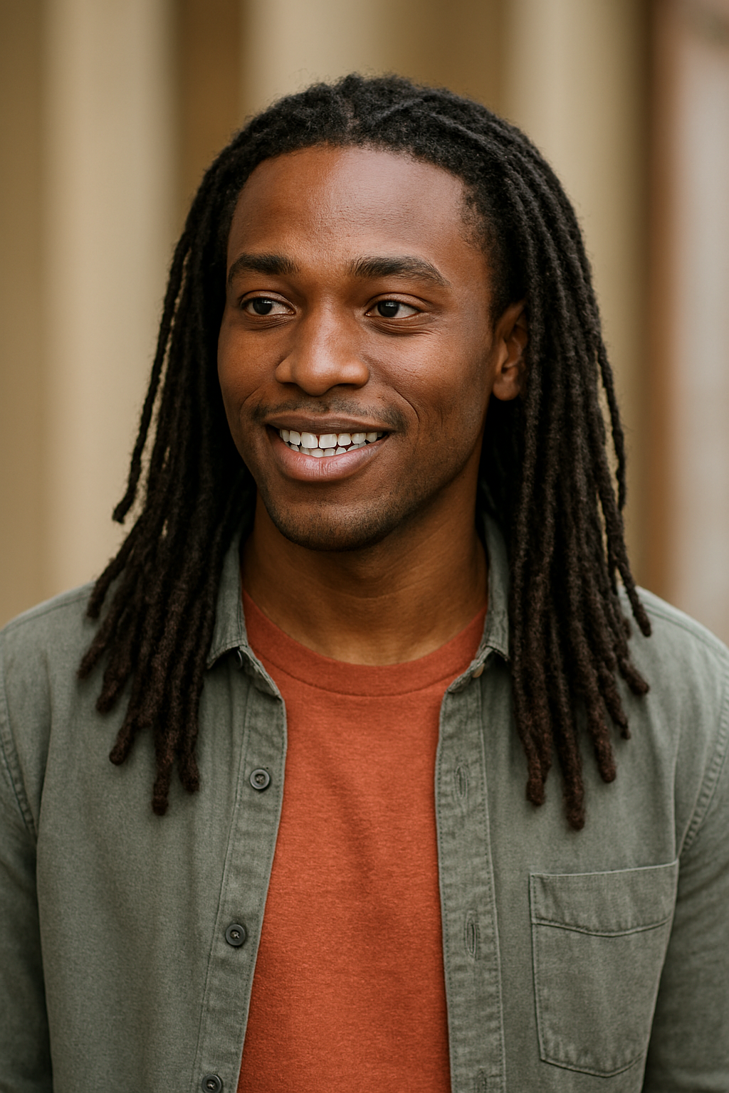 A smiling man with long dreadlocks wearing a green button-up shirt over an orange T-shirt.