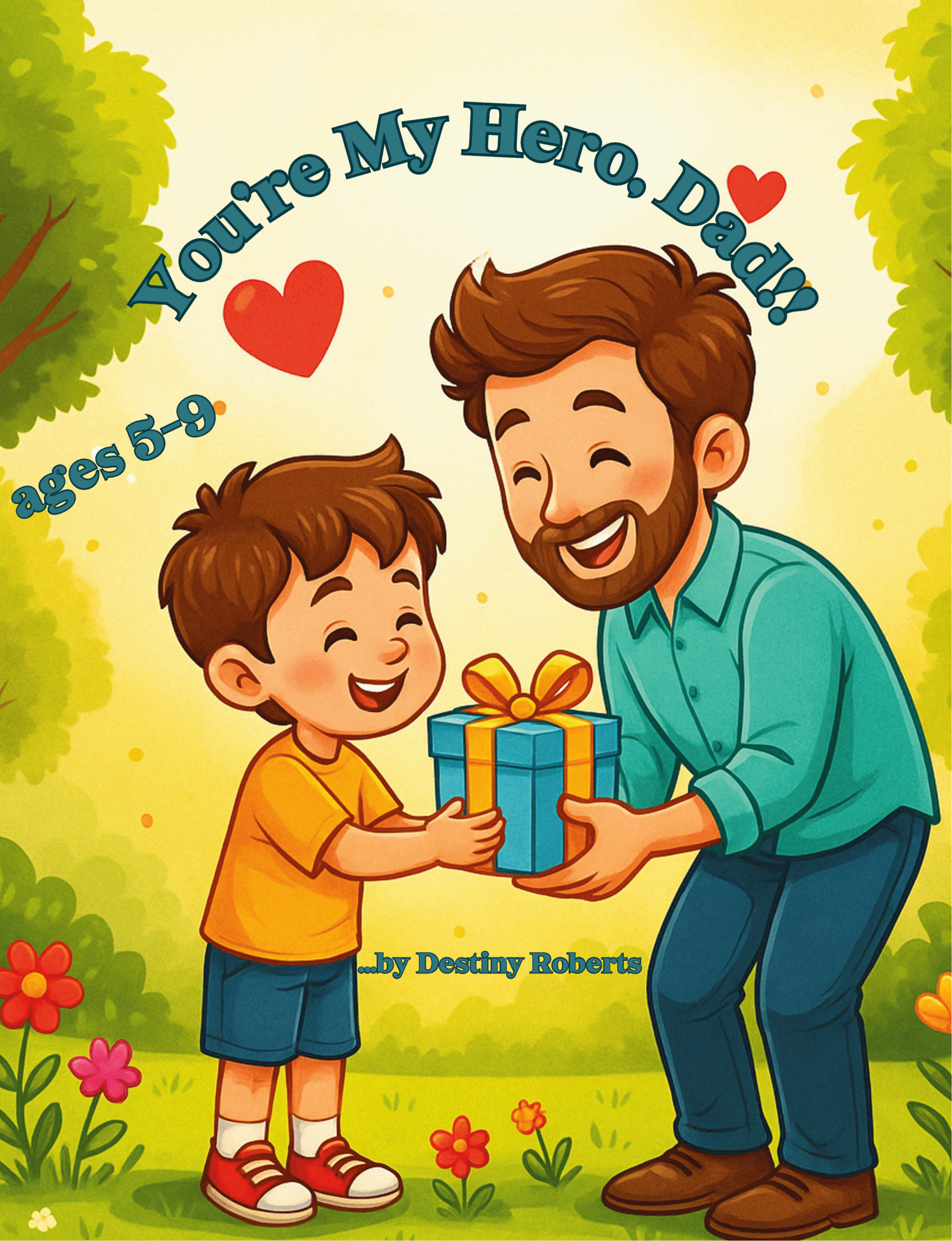 A boy and man smiling and exchanging a wrapped gift outdoors, surrounded by flowers and trees, with the text "You're My Hero, Dad!" and "ages 5-9" on the cover.