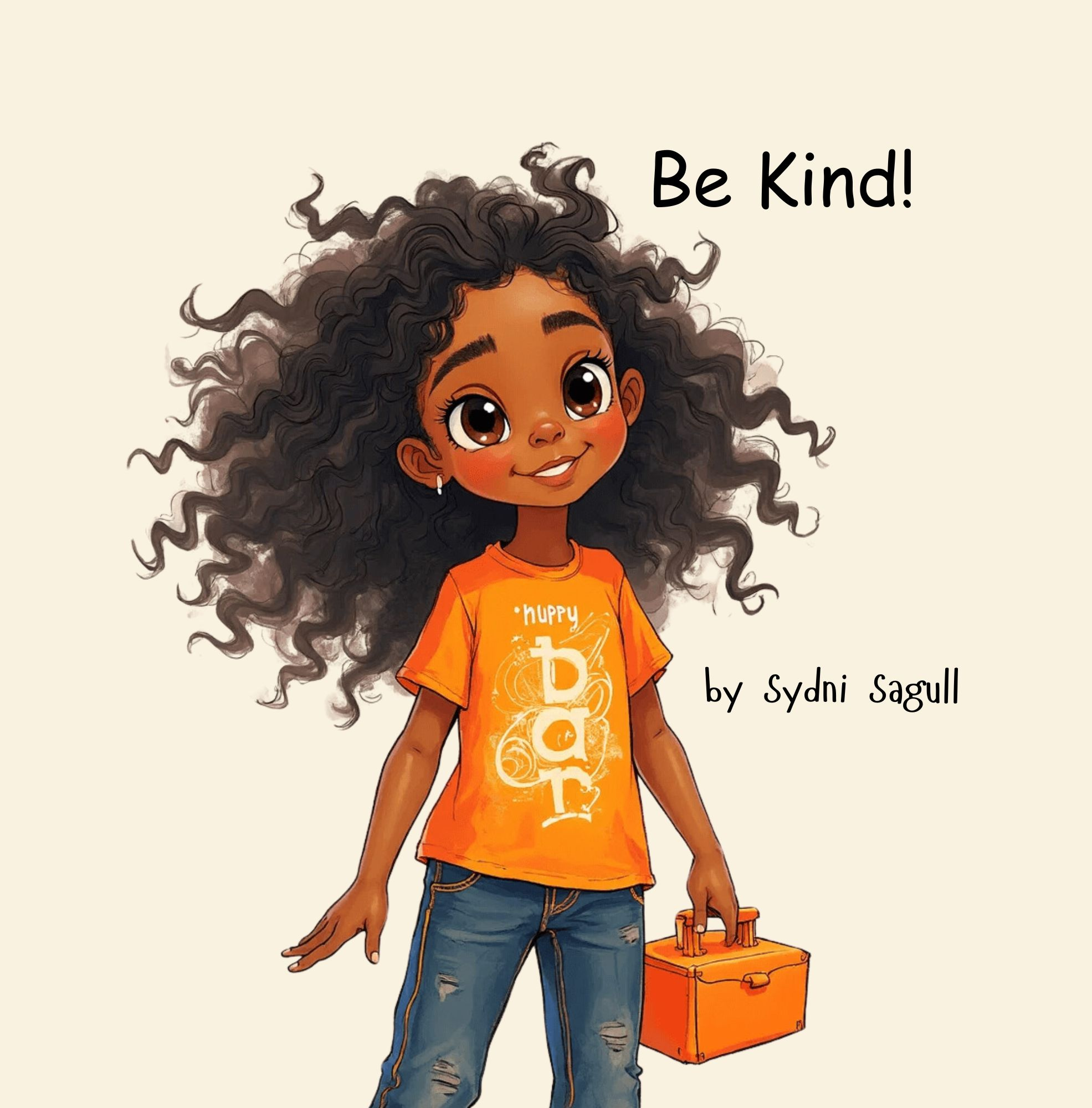 Cover illustration of a children’s book titled 'Be Kind!' by Sydni Sagull, featuring a young girl with big brown eyes and big curly black hair holding an orange box, wearing an orange T-shirt with the word 'happy' and the word 'bird' on it, smiling confidently.