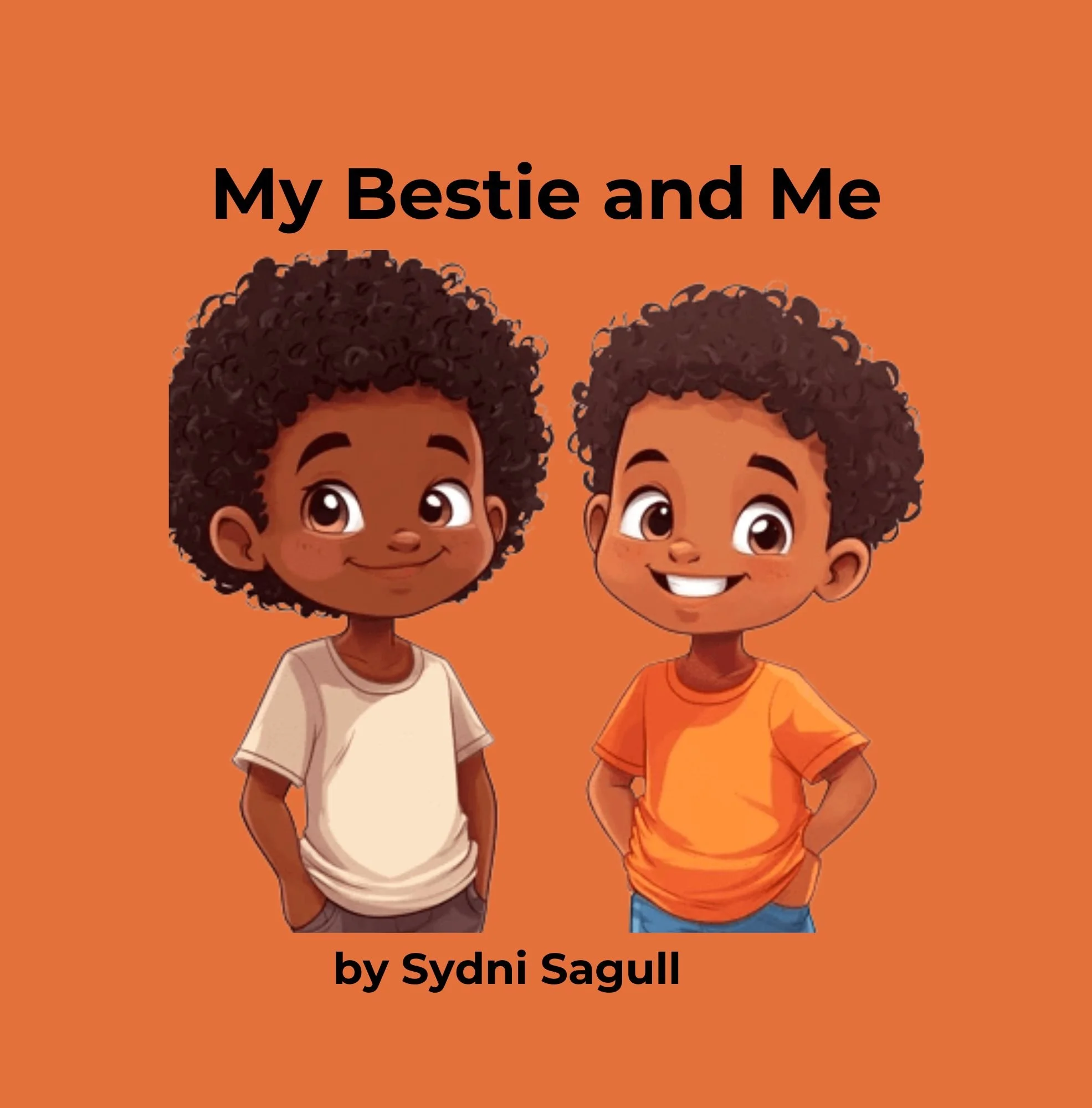 Book cover titled "My Bestie and Me" by Sydni Sagull, featuring cartoon illustrations of a girl and a boy with curly hair, smiling, against orange background.