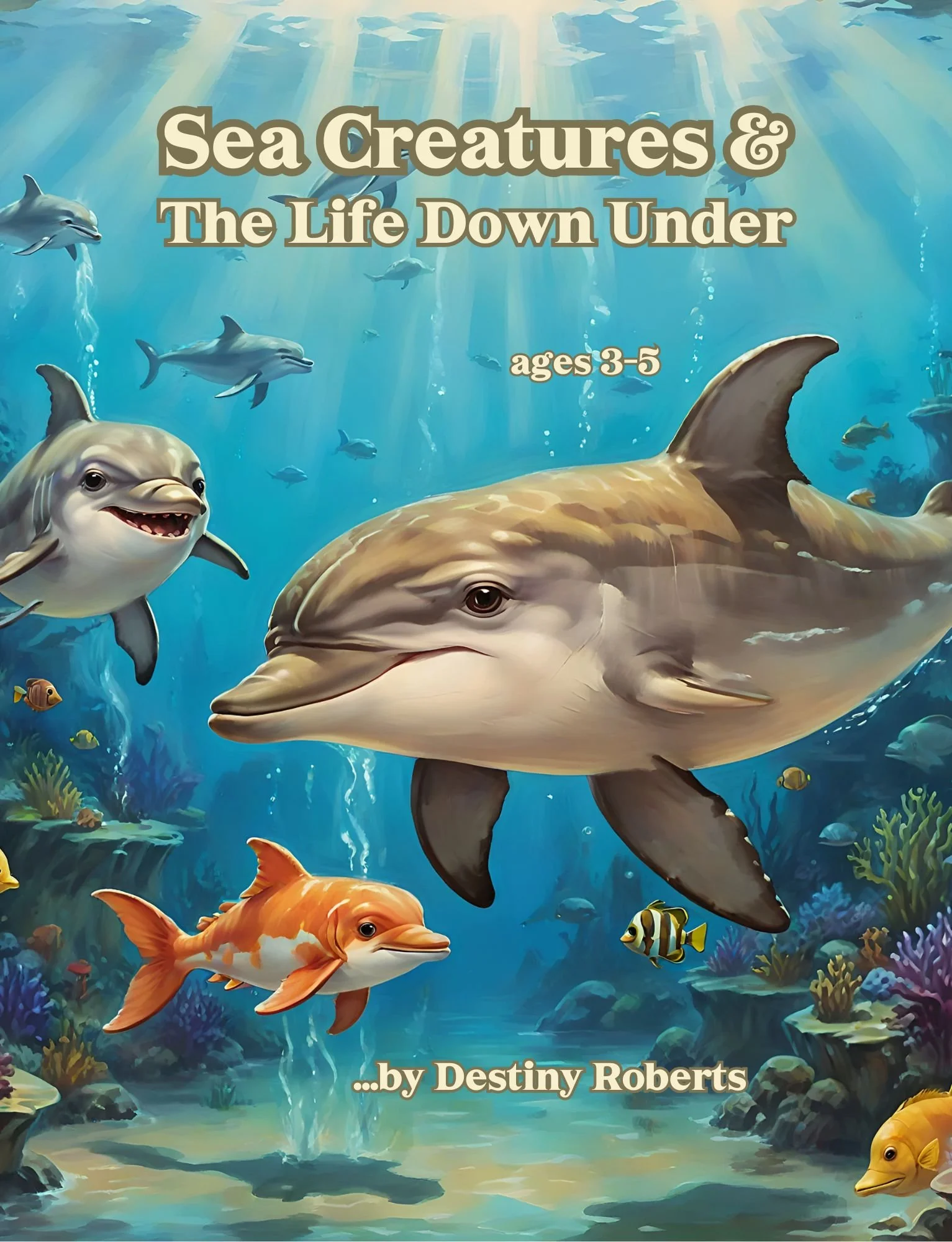 Children's book cover titled "Sea Creatures & The Life Down Under" featuring an illustrated underwater scene with various sea animals including a dolphin, shark, clownfish, and other fish, aimed at children ages 3-5, authored by Destiny Roberts.