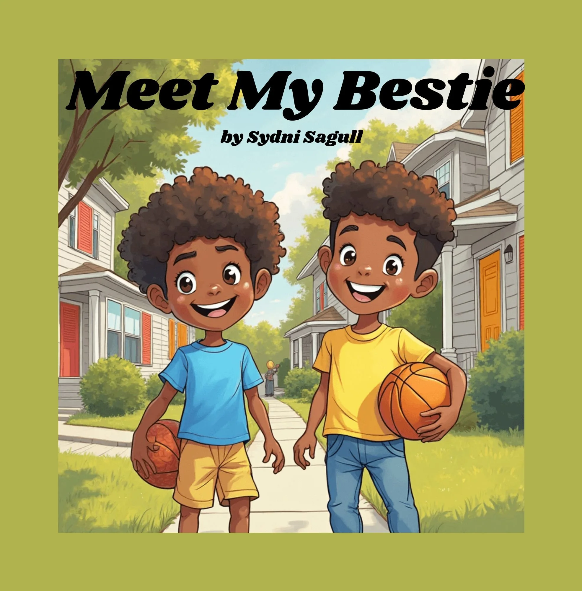 Illustration of two young boys with curly hair playing basketball on a suburban sidewalk with houses and trees in the background; one boy wears a blue shirt and yellow shorts, holding a basketball, and the other wears a yellow shirt and blue jeans, also holding a basketball.