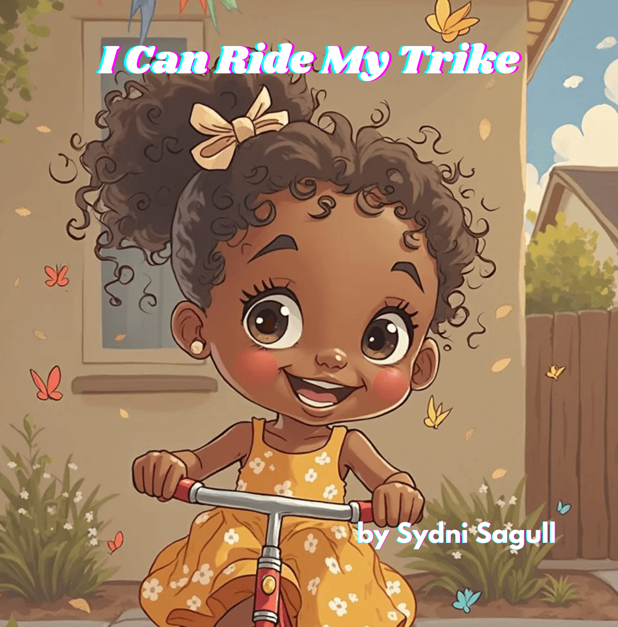 A cheerful young girl with big brown eyes and curly hair tied with a beige bow, riding a tricycle in a backyard with butterflies flying around. The scene is colorful and animated, with house windows and a wooden fence in the background.