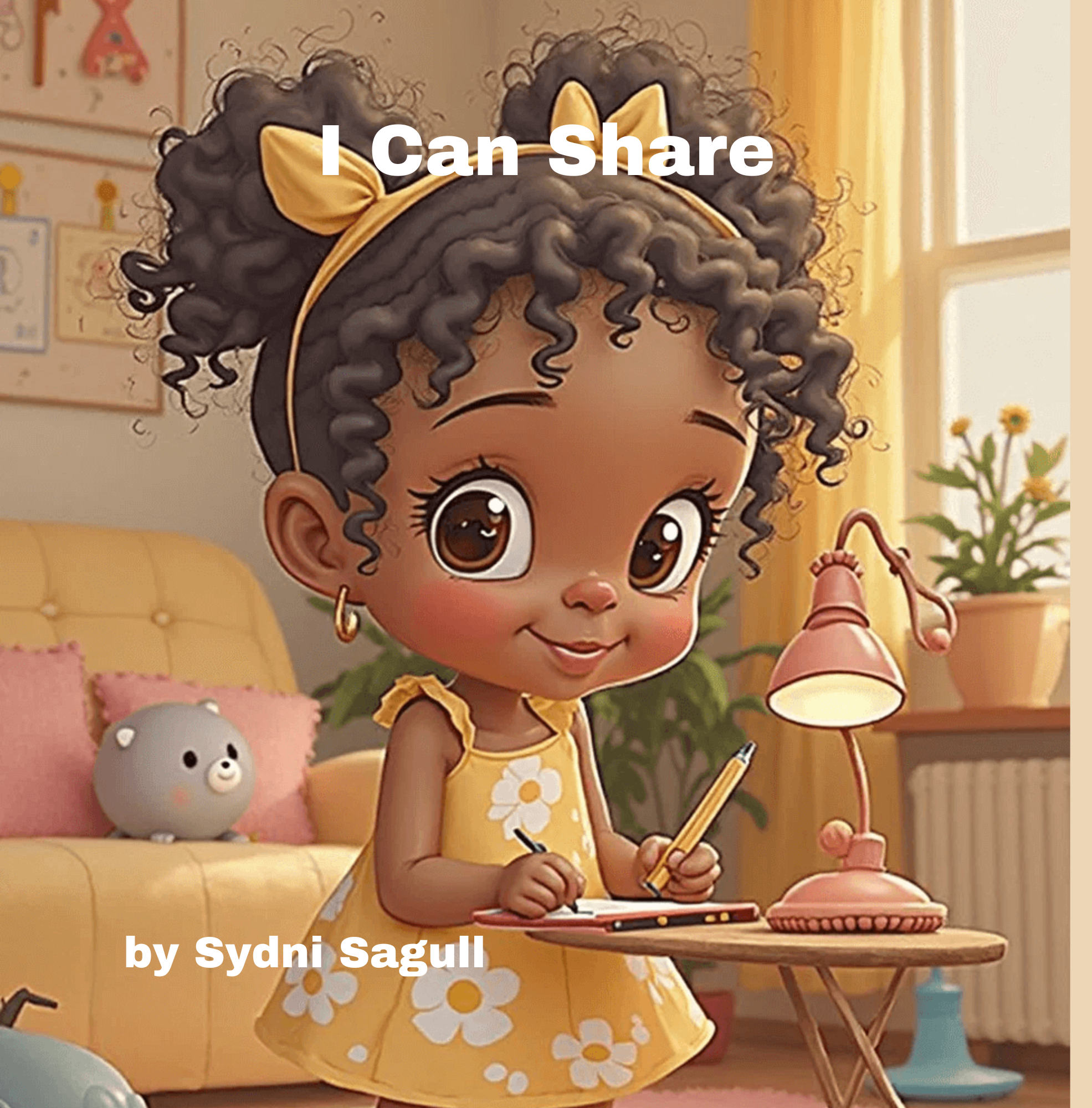 Animated young girl with curly hair, a yellow bow, and big brown eyes, sitting at a small wooden table with a pencil and paper, in a sunny living room with a yellow couch, pink throw pillows, a pig-shaped plush toy, and potted plants.