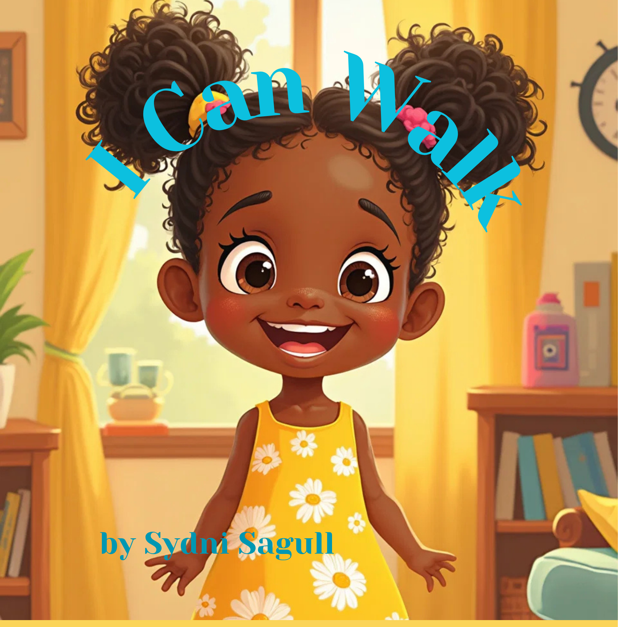 An animated girl with dark skin, big brown eyes, curly hair in puffs, wearing a yellow dress with white daisies, standing in a brightly lit room with yellow curtains, a bookshelf, and a window.