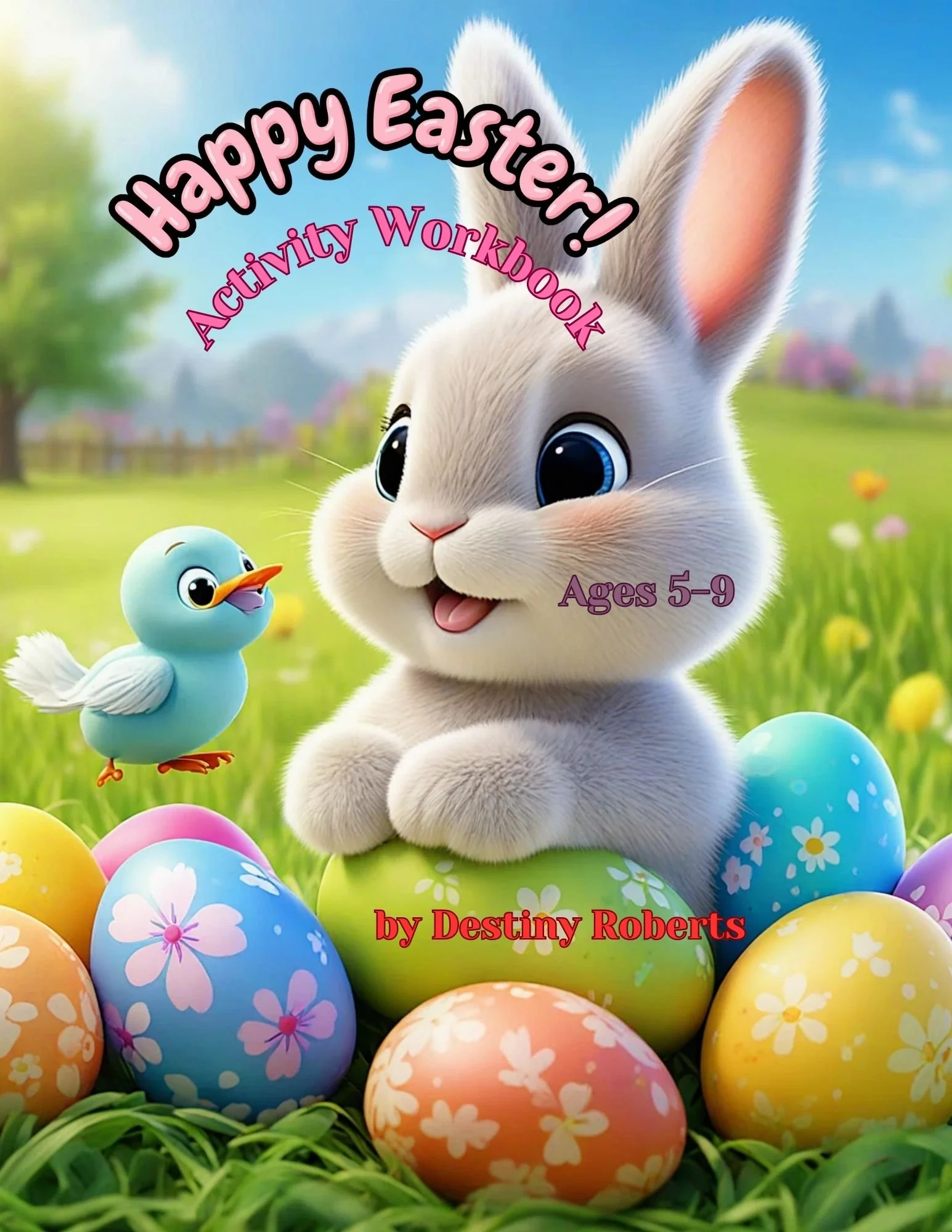 Colorful Easter scene with a white bunny with big blue eyes sitting among decorated pastel eggs, accompanied by a small blue chick, set in a grassy field with trees and flowers in the background.