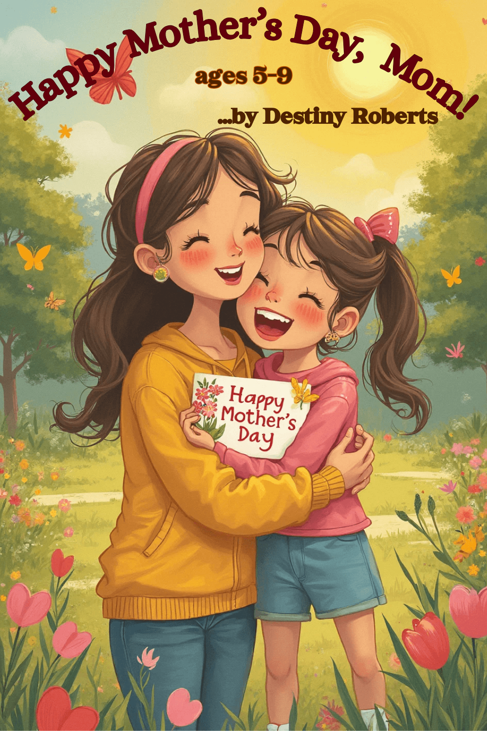 An illustrated Mother’s Day card showing a mother and daughter smiling and hugging outdoors in a garden with colorful flowers and butterflies. The mother is holding a sign that says 'Happy Mother’s Day' with a flower decoration, and the scene is bathed in warm sunlight.