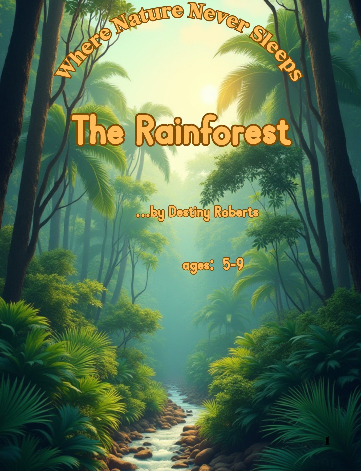 Cover image of a rainforest with lush green trees and plants, a river running through, and sunlight shining through the canopy.