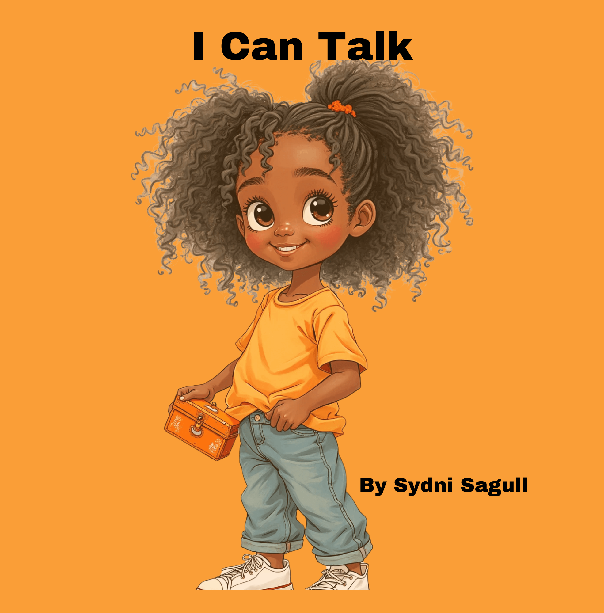 Cover of a children's book titled "I Can Talk" by Sydni Sagull, featuring a cartoon girl with curly hair, wearing an orange t-shirt, gray baggy pants, and white sneakers, holding an orange purse against an orange background.