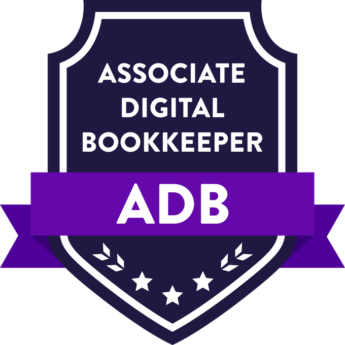 Badge with a purple and dark blue shield shape, text that reads 'Associate Digital Bookkeeper' at the top, and 'ADB' on a purple banner across the middle, with decorative stars and leaves at the bottom.