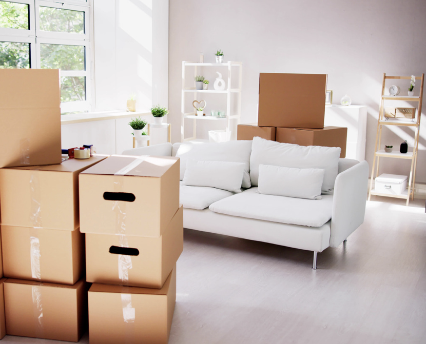 Room filled with moving boxes, a white sofa with pillows, windows letting in natural light, and shelves with decorative items.