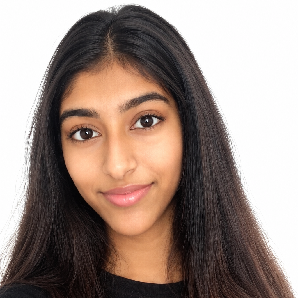 Young woman smiling, with long dark hair, light makeup, and a plain white background.