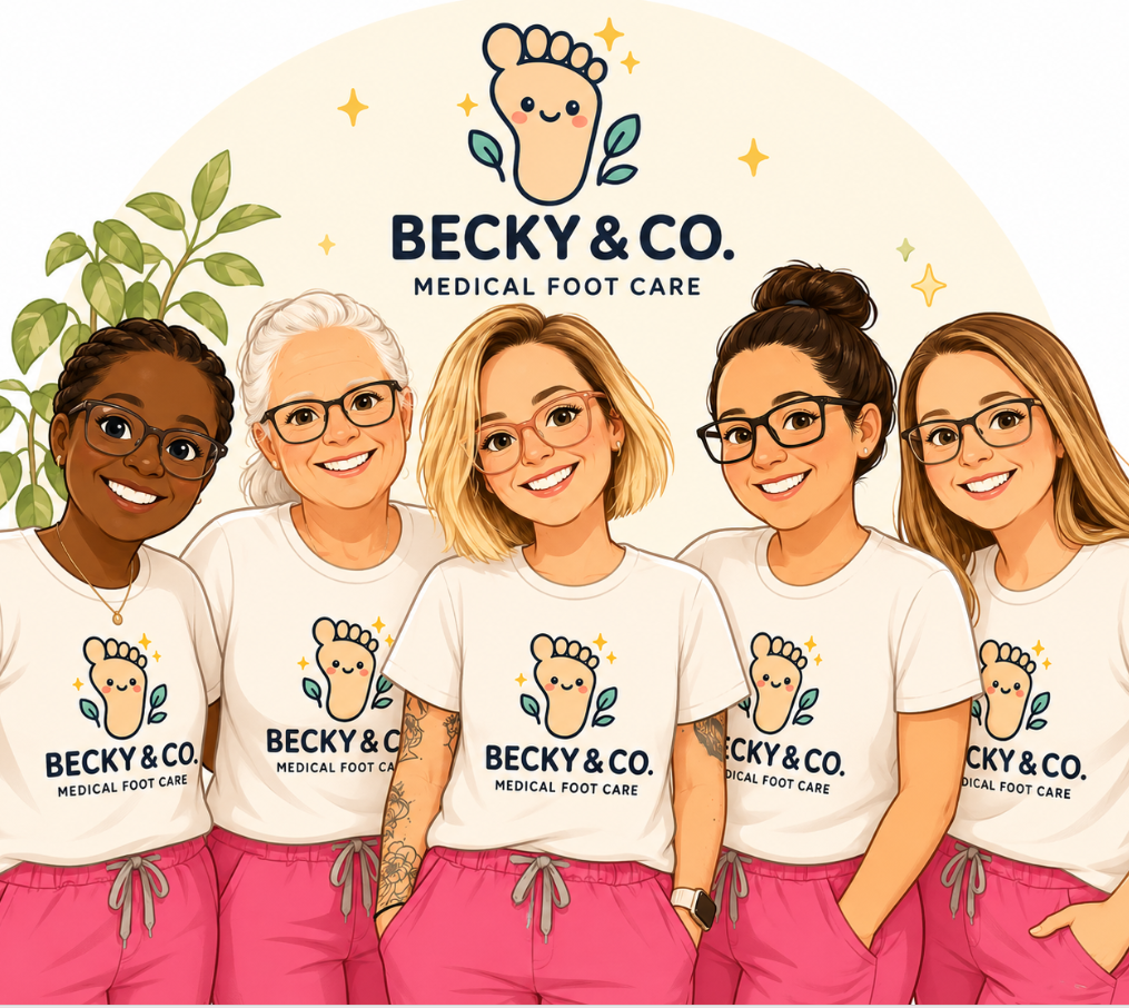 Group of five women wearing matching t-shirts with a foot logo reading "Becky & Co. Medical Foot Care," standing in front of a light background with a cartoon foot and the same logo above."