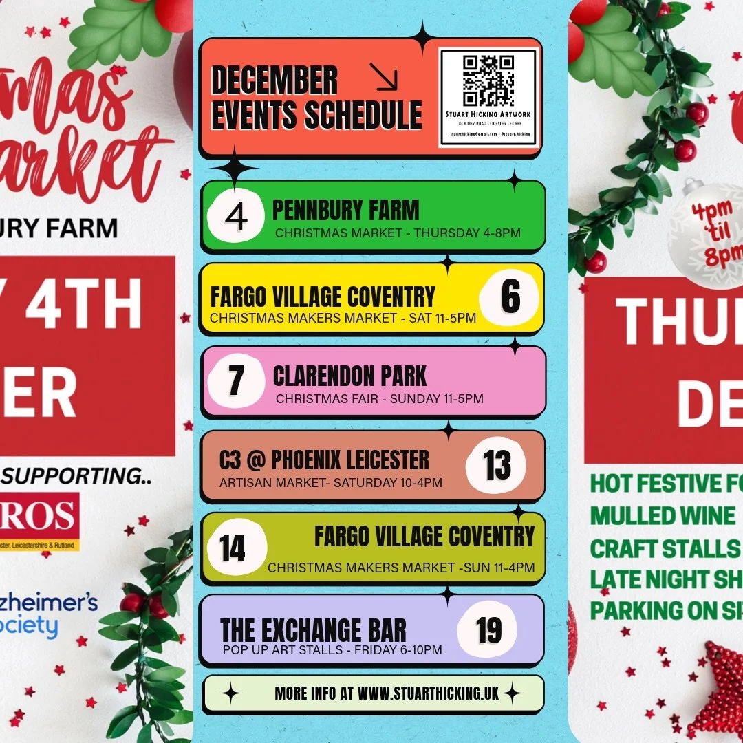 Here&rsquo;s my schedule for December, starting out at Pennbury Farm in Great Glen, LE8 9GP 
Wish me luck 🤶🏽
@pennburyfarm @visitleicestershire @visitleicester @shoplocalleicester #leicestermakers #leicestershirecreatives #handmadewithlove #popupar