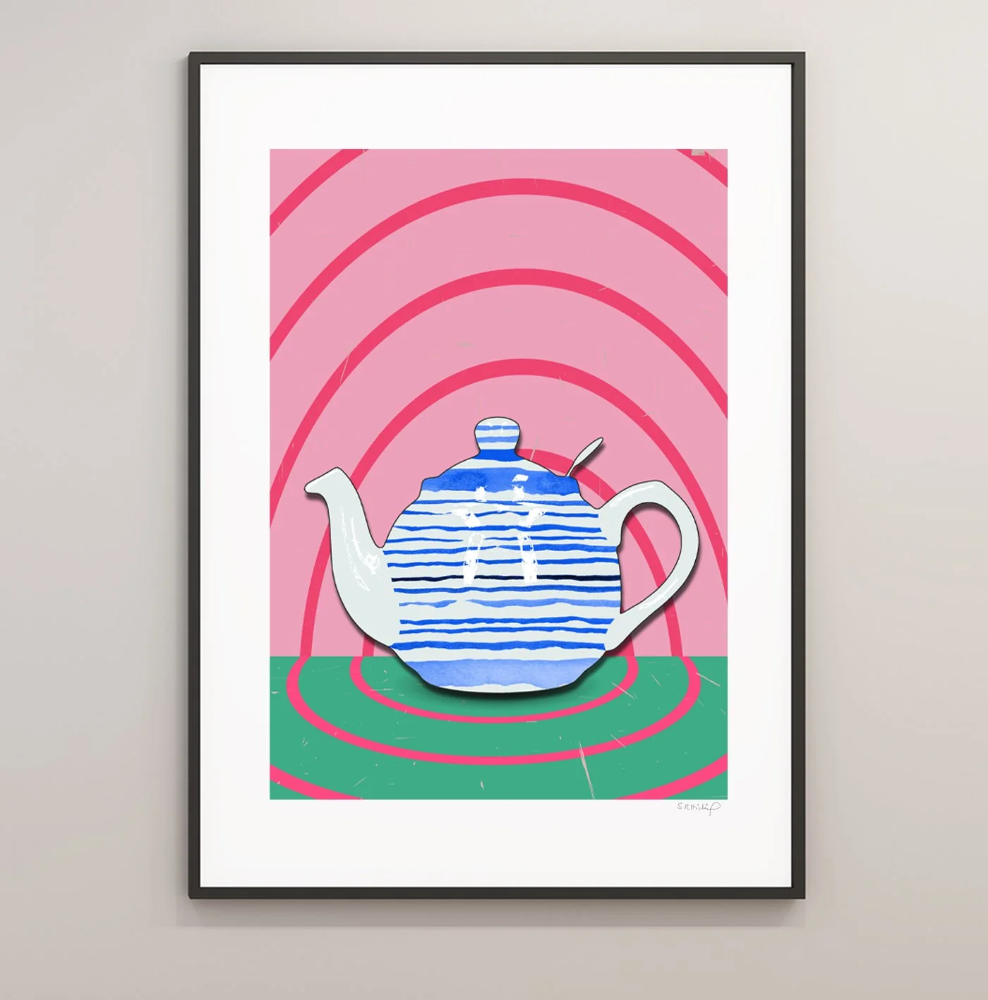 BLUE STRIPED TEAPOT ON PINK & GREEN PRINT