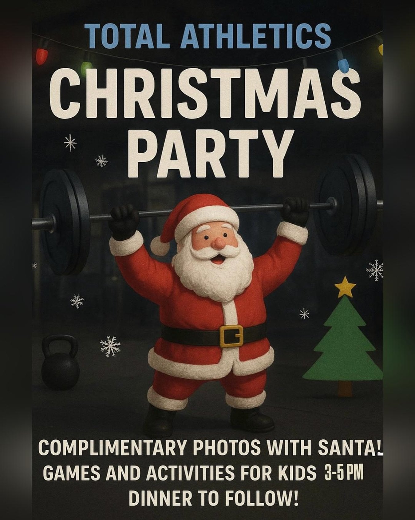 🎄 Total Athletics  Christmas Party! - November 29th 🎅 

We&rsquo;re keeping things simple, good people, good food, and a chance to celebrate together! 

Here&rsquo;s what&rsquo;s happening: 
🧒🏽 Kids activities from 3-5PM
📸 Complimentary Santa Ph