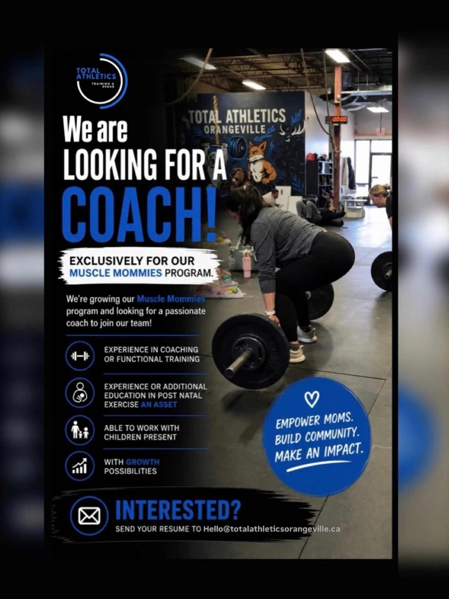 Total athletics is looking for a passionate coach to join our team and help support moms through strength, movement and community. 💜 

We are looking for someone with 
✨ coaching or functional fitness experience
✨ post natal exercise knowledge/ educ
