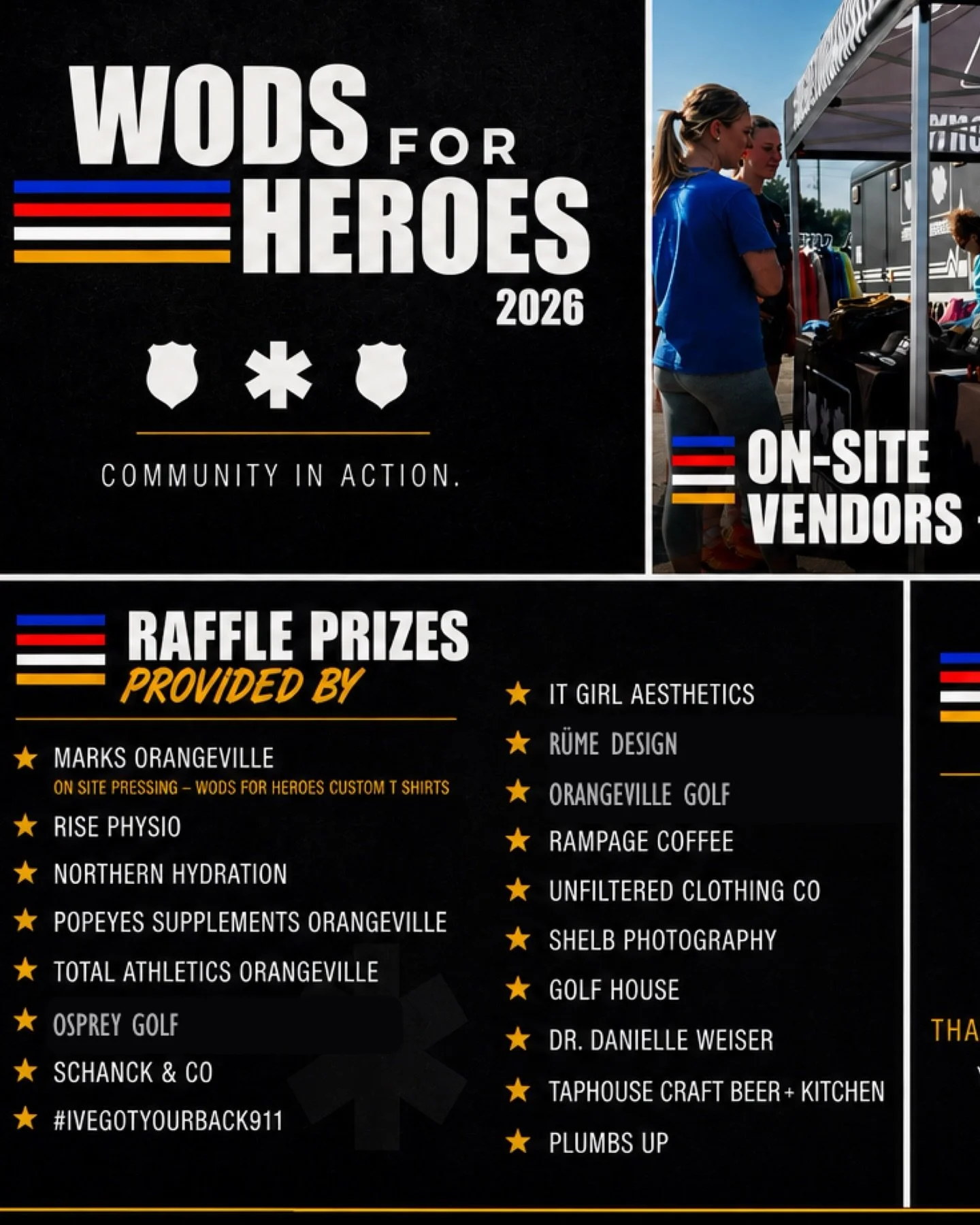 WODS FOR HEROES is a free event, open to anyone who wants to come out, support,and be apart of an amazing day! 

From our on site vendors to every raffle prize donated, this day is built by businesses, members, and people who chose to give back. 🖤 
