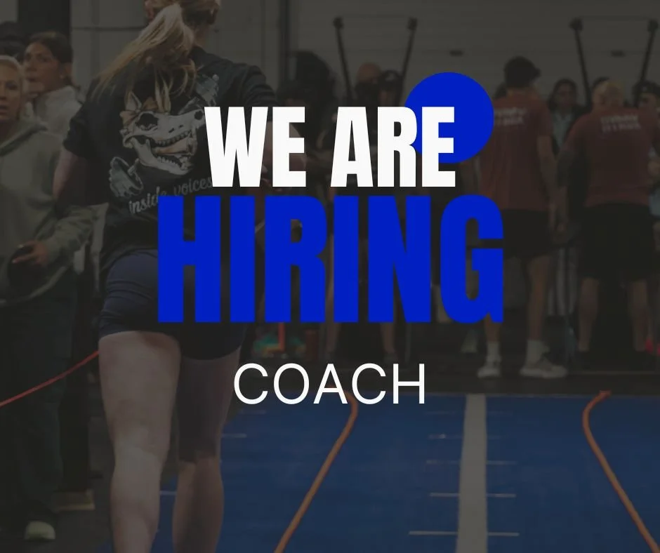 Text overlay on a photo of people at a gym or workout area, reading "We are hiring coach" in bold white and blue letters.