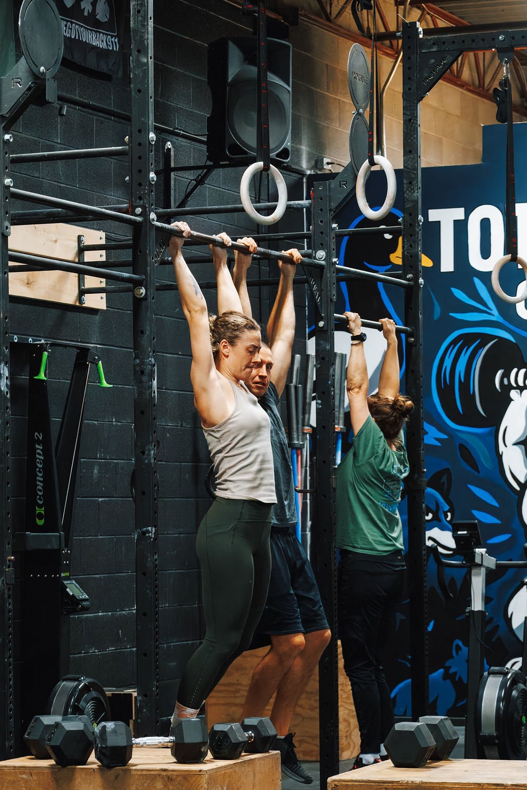 Three people lifting weights overhead in a gym. The woman in front is in the middle of a pull-up, with dumbbells on the floor in front of her, and a woman in green and a man are behind her, all gripping the bar of the pull-up station.