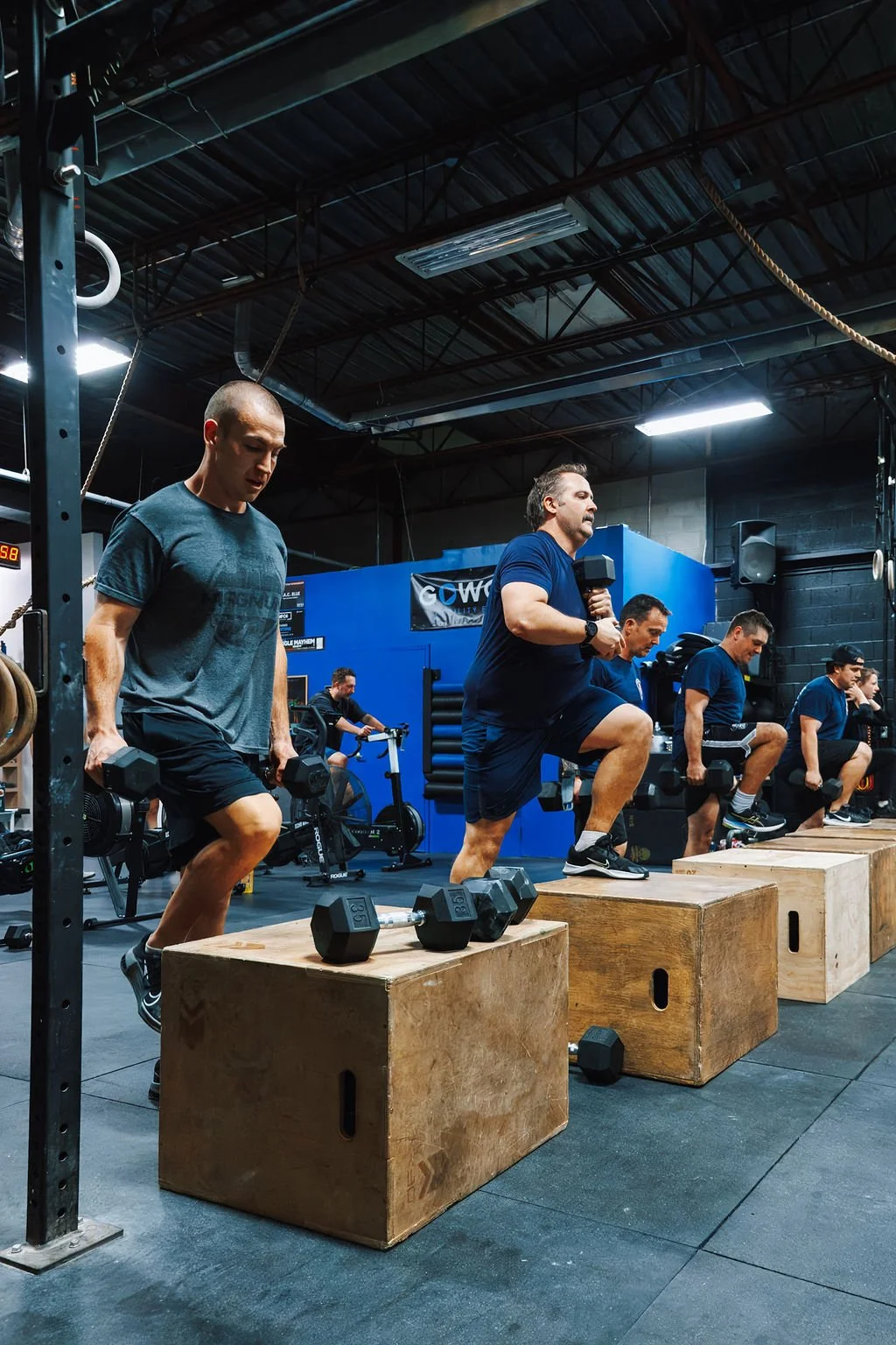 People exercising at a gym, performing step-up exercises with dumbbells on wooden boxes, while a trainer holds a dumbbell and guides the workout.