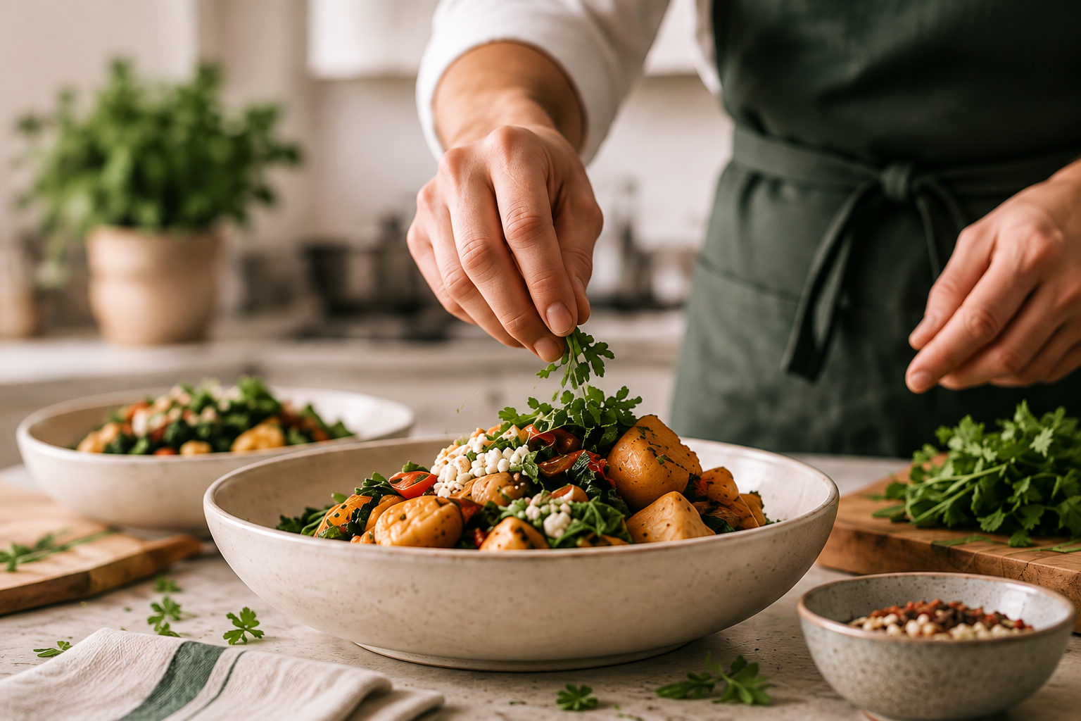 A person garnishing a large bowl of salad with fresh herbs in a kitchen.