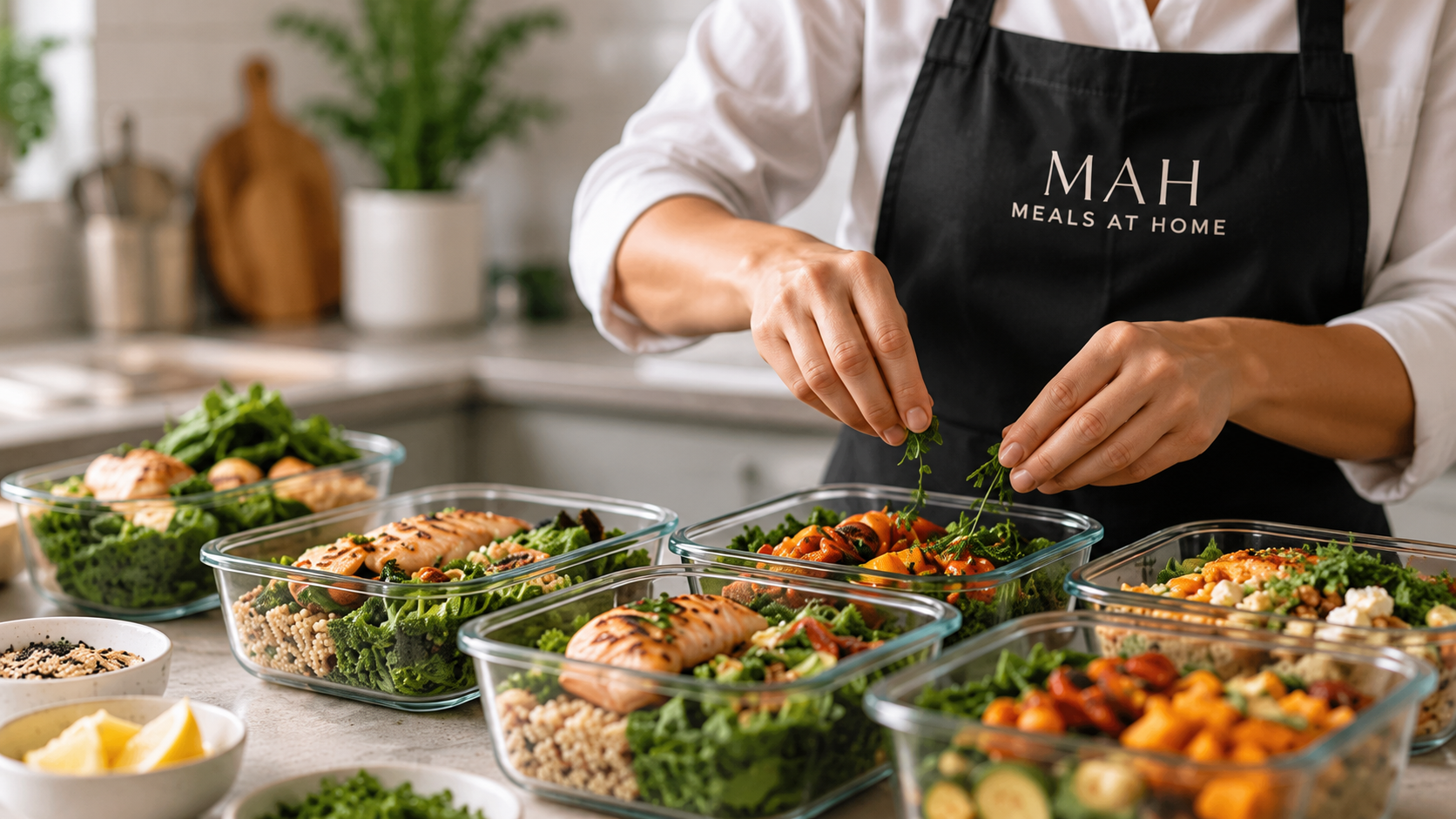 Person assembling meal prep containers with grilled salmon and vegetables in a modern kitchen.