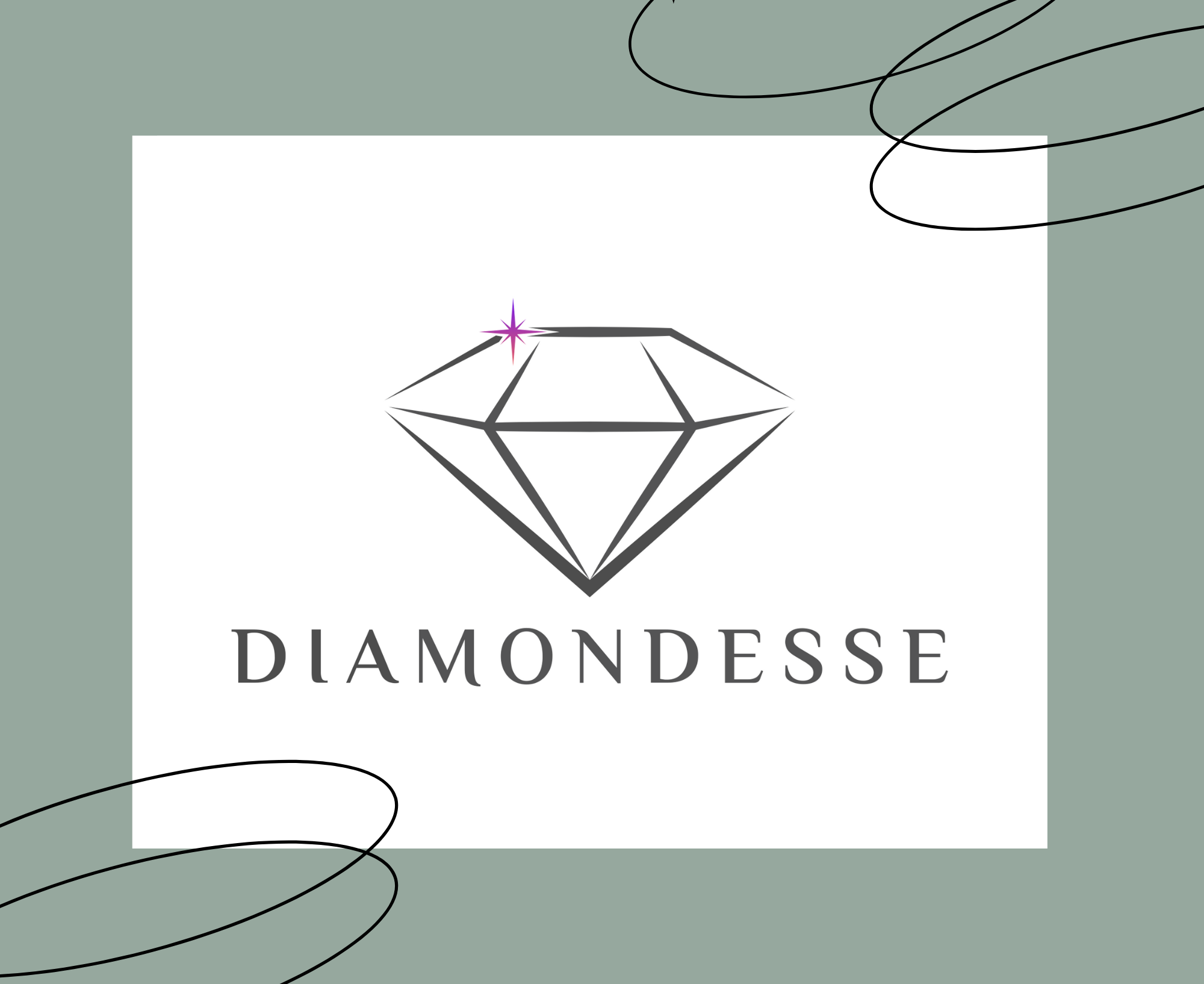 A logo with a black diamond illustration and the word 'DIAMONDESE' underneath. The diamond has a small purple sparkle at the top left corner. The logo is on a white square background, with a muted green background border featuring black abstract line designs.
