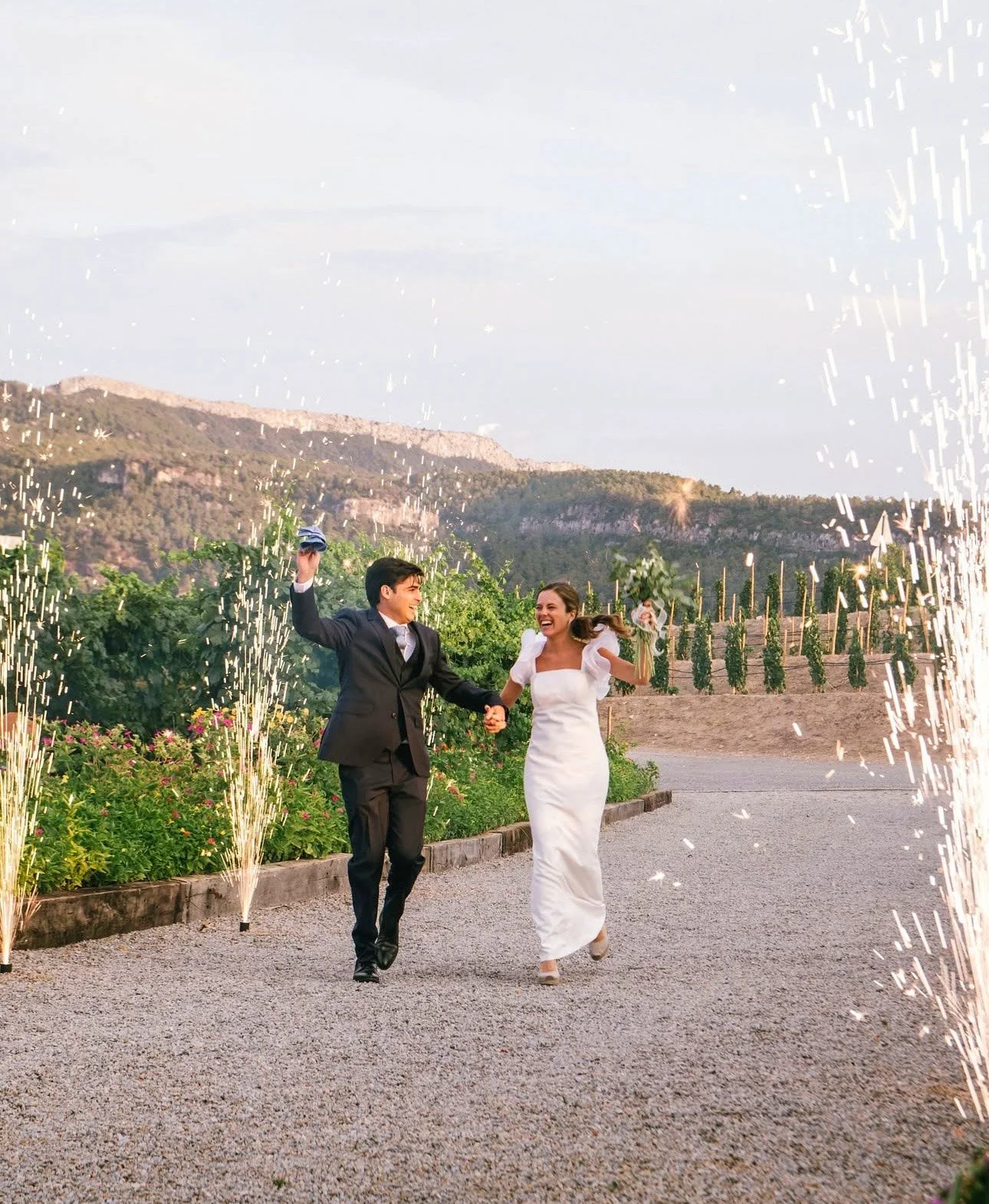 Personas brindando con copas de vino tinto al aire libre.