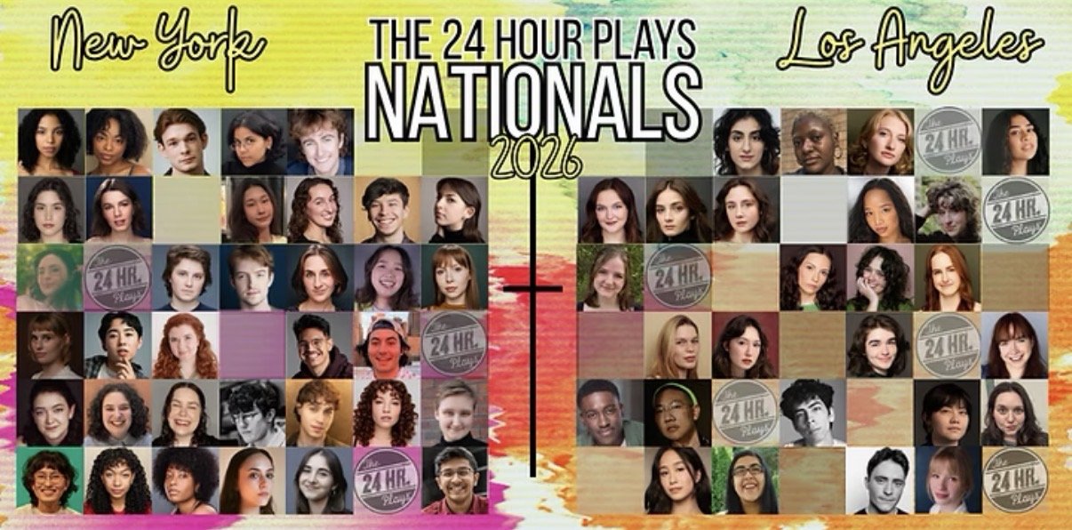 Collage of headshots of diverse young people, divided into sections for the New York and Los Angeles teams, with text reading "The 24 Hour Plays Nationals 2026" and colorful backgrounds.