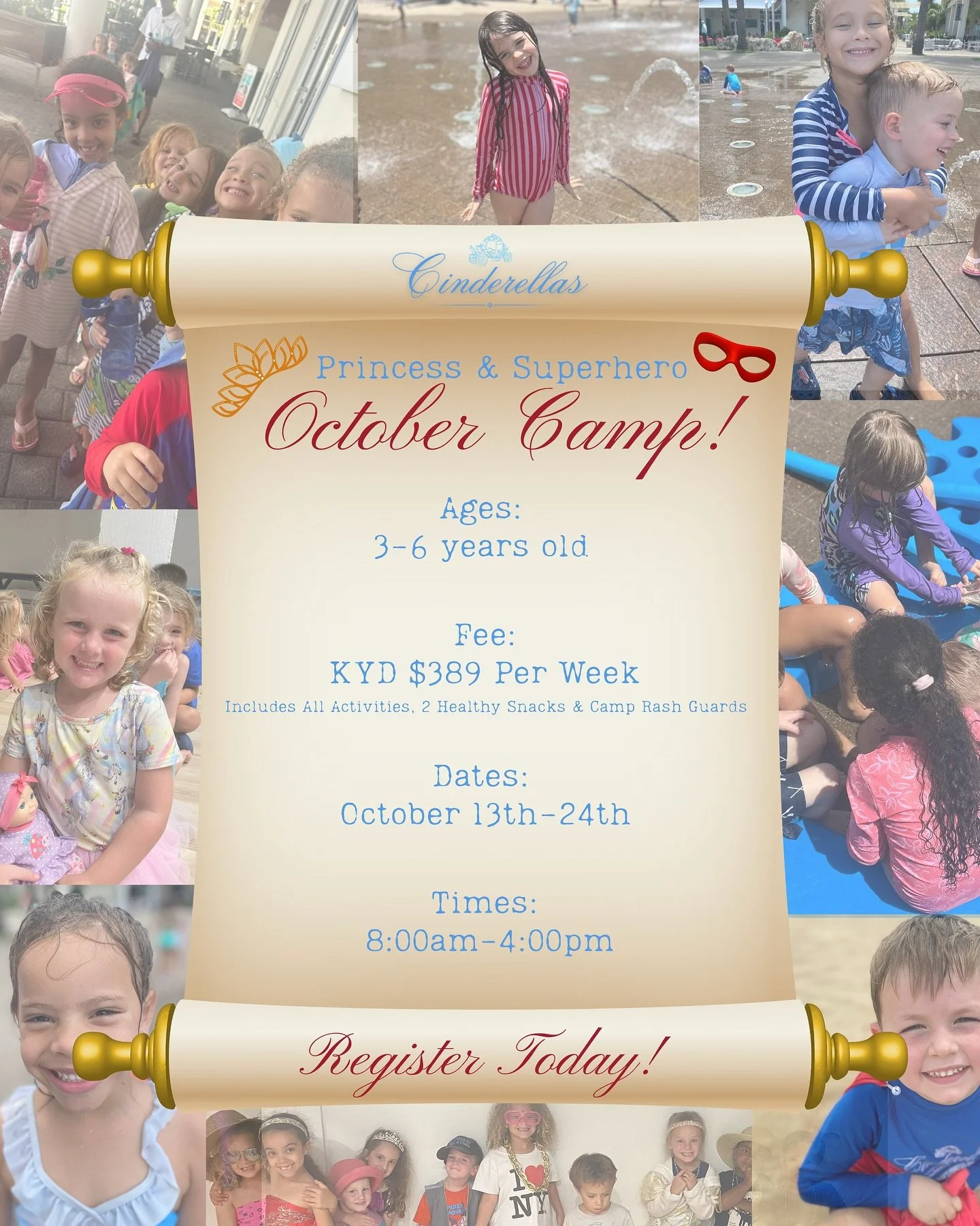 October Princess &amp; Superhero Camp! 🦸&zwj;♂️👑  
✨ October 13th&ndash;24th ✨ 3&ndash;6 years ✨ KYD $389 per week ✨Includes all activities, 2 healthy snacks daily, and a camp rash guard! ✨8:00am &ndash; 4:00pm

Spots are limited and demand is high