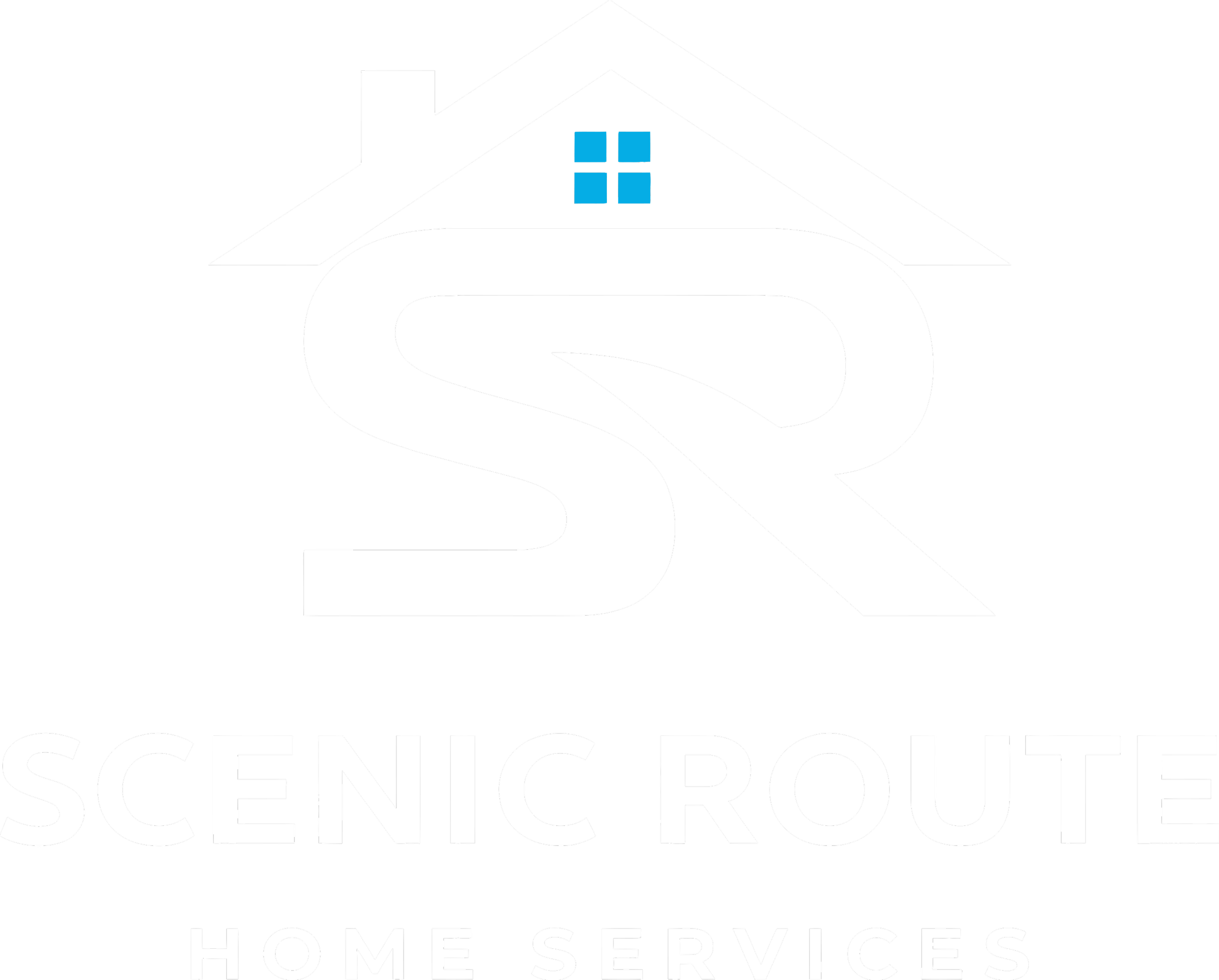 Logo for Scenic Route Home Services featuring a stylized house roof above the letter 'S' and 'R', with a blue window, and the company name and slogan below.