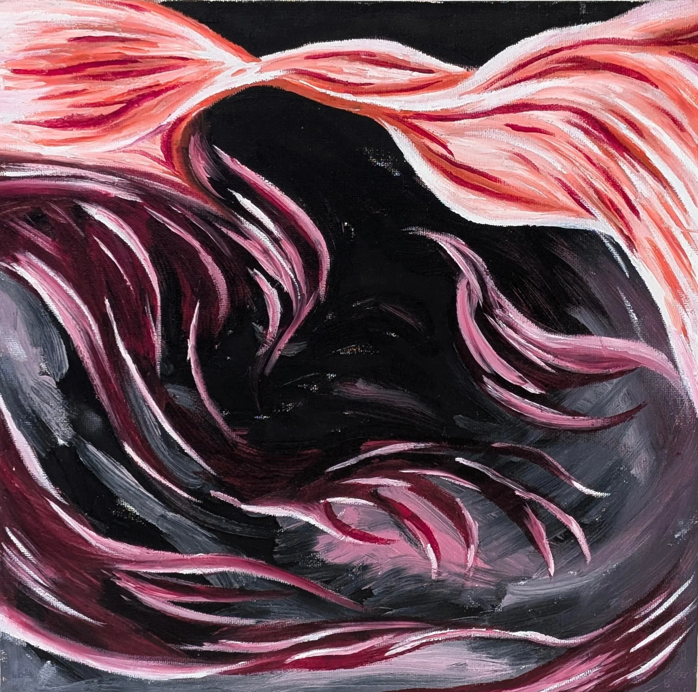 Abstract painting with flowing, curved lines in shades of pink, red, white, and black.