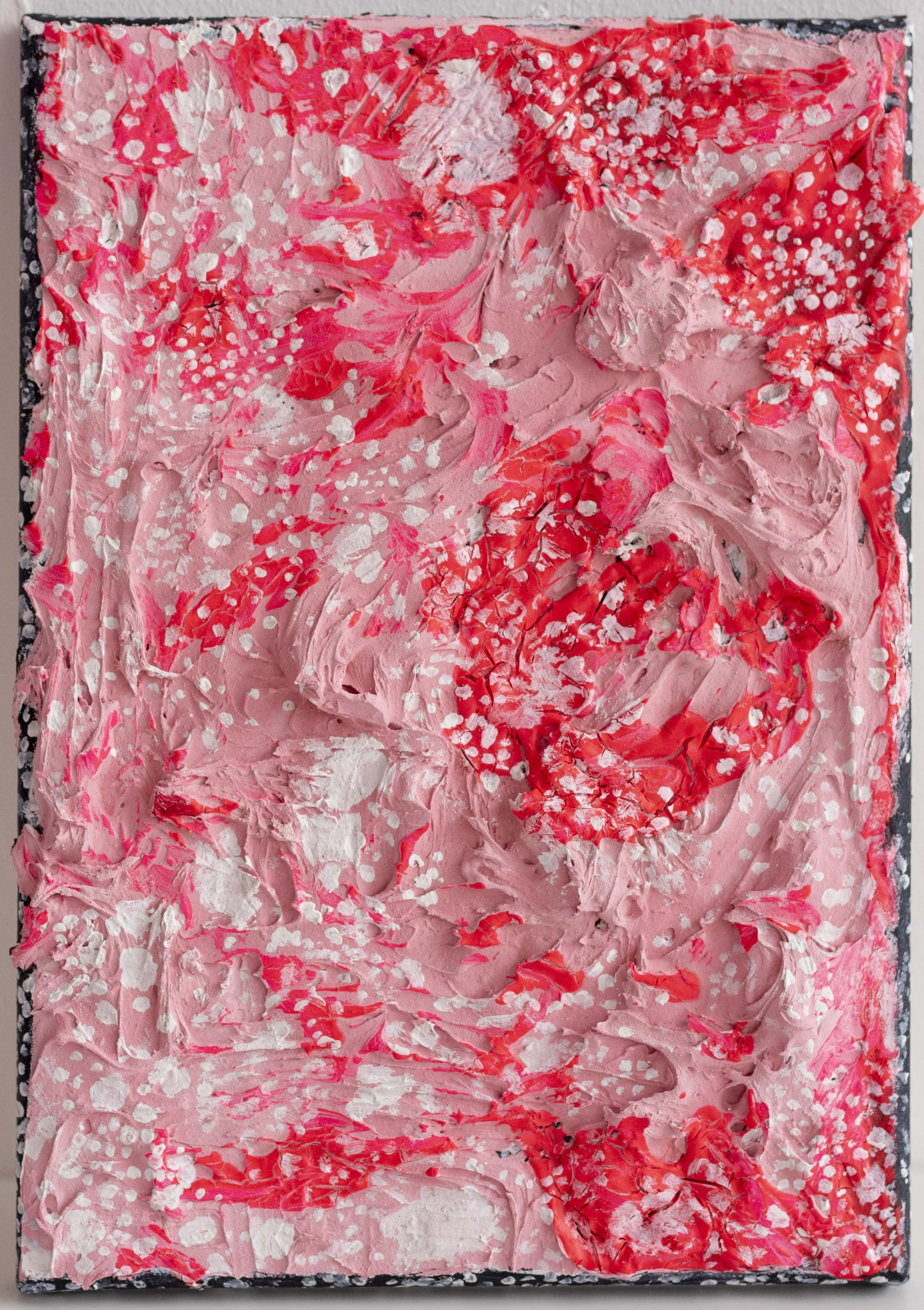 Abstract painting with textured pink, red, and white paint strokes and splatters.